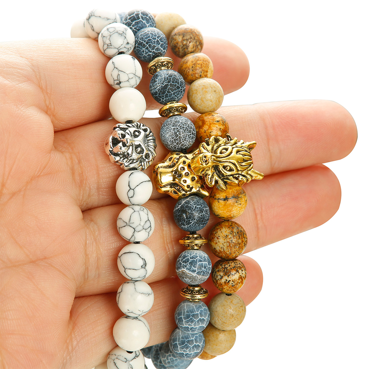 6PCS Mens 8mm Bead Bracelets Set Natural Stone