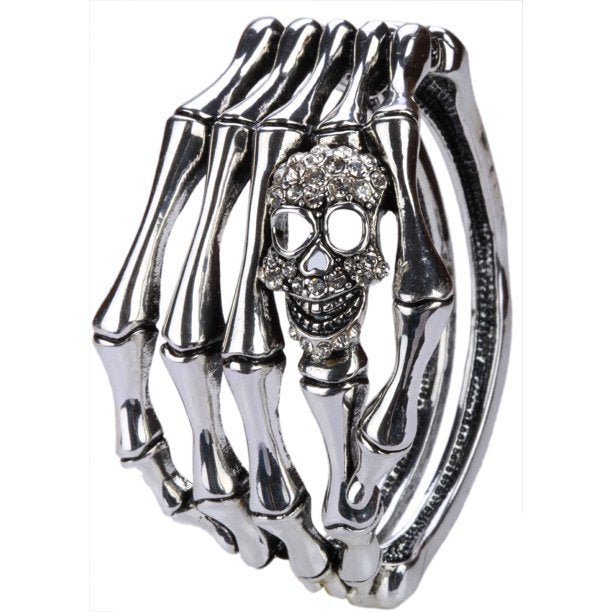 Skull Skeleton Hand Hinged Bangle Bracelet for Women Fit Wrist Circumference 6.5 to 7.5 inch - Silver