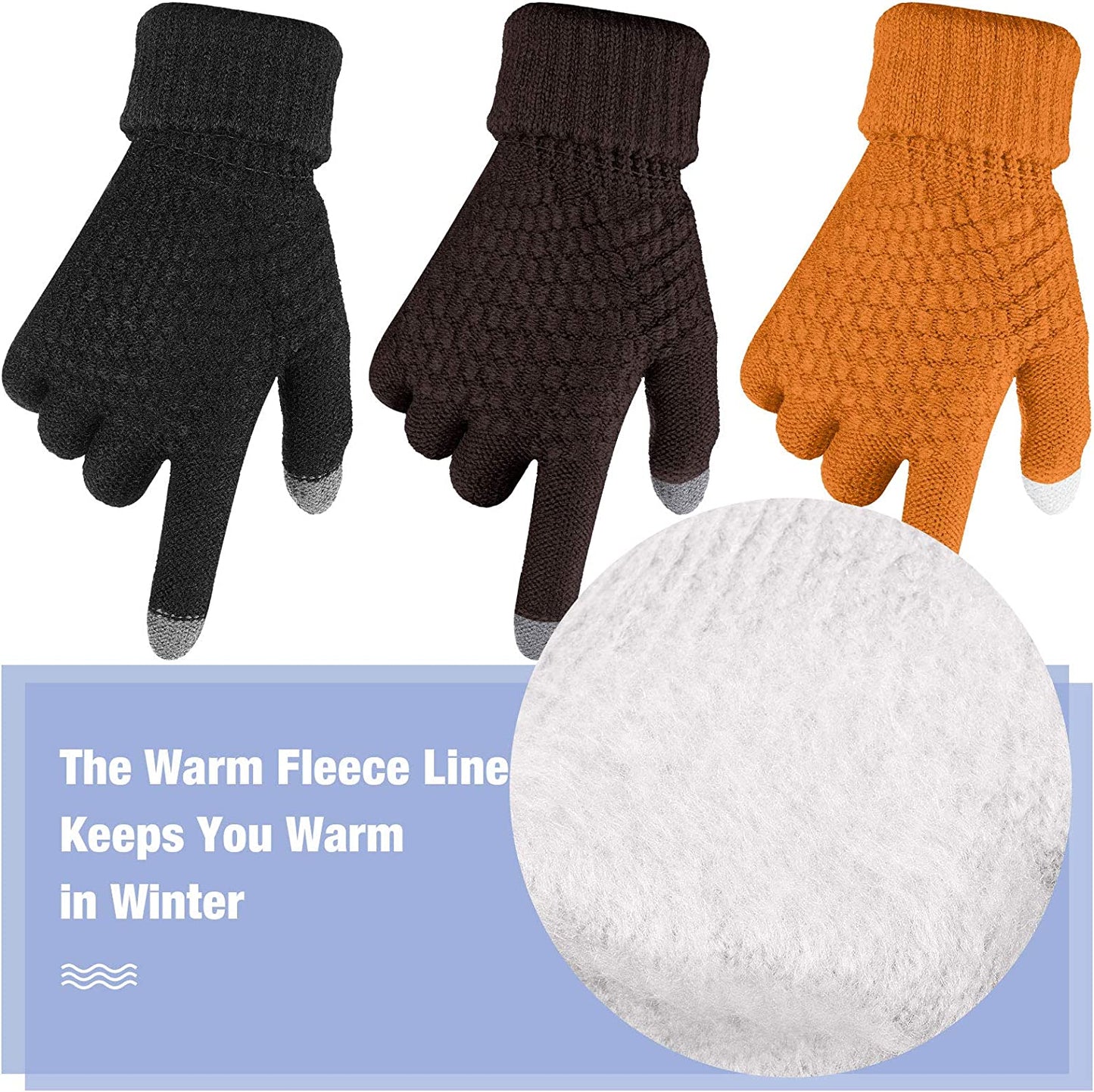 4 Pairs Women's Winter Touch Screen Gloves Warm Fleece, Black, White, Khaki, Coffee