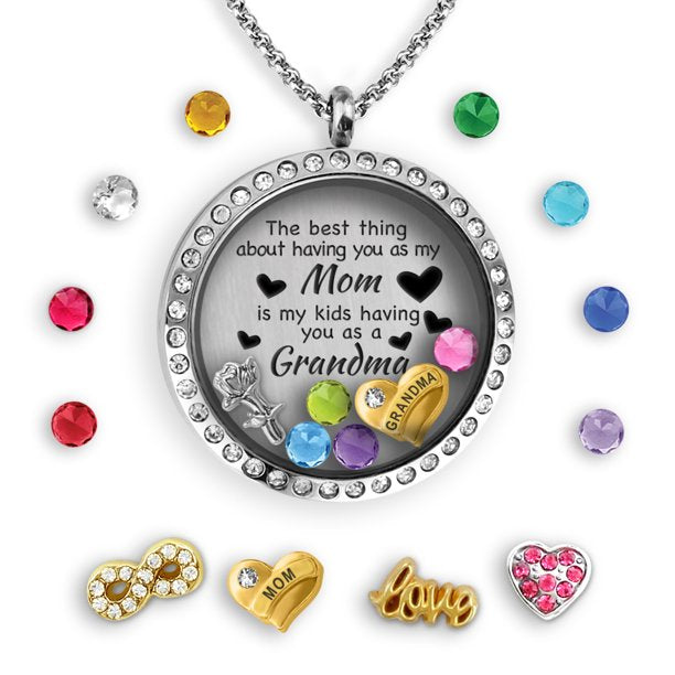 Mother Daughter Floating Locket Pendant Necklace for Mothers Day Gift-CRYSTAL-ROSE