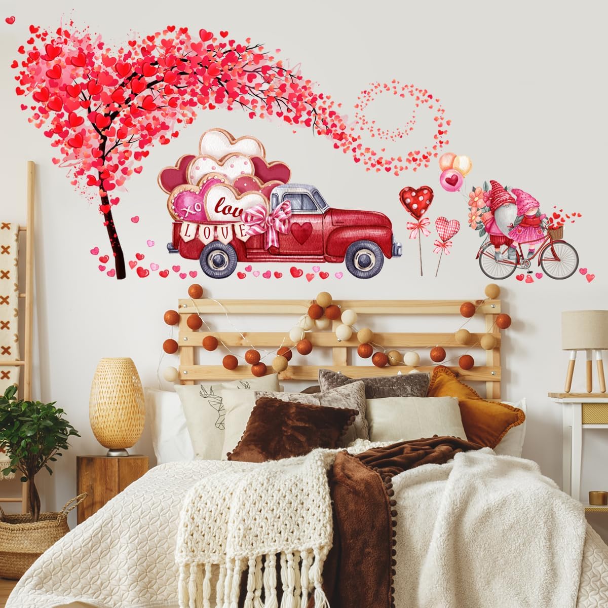 Valentine's Day Wall Decals Stickers 2 Sheets Heart Tree Gnome Red Truck Wall Stickers Removable Valentines Stickers Heart Wall Decor Love Car Decal for Anniversary Valentines Day Living Room Decor