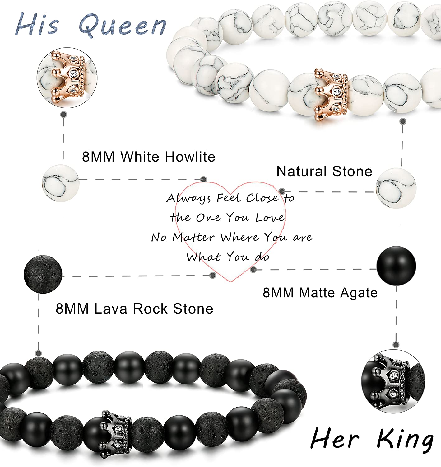 4 Pcs Couples His & Her Crown Queen 8mm Beads Bracelets Set