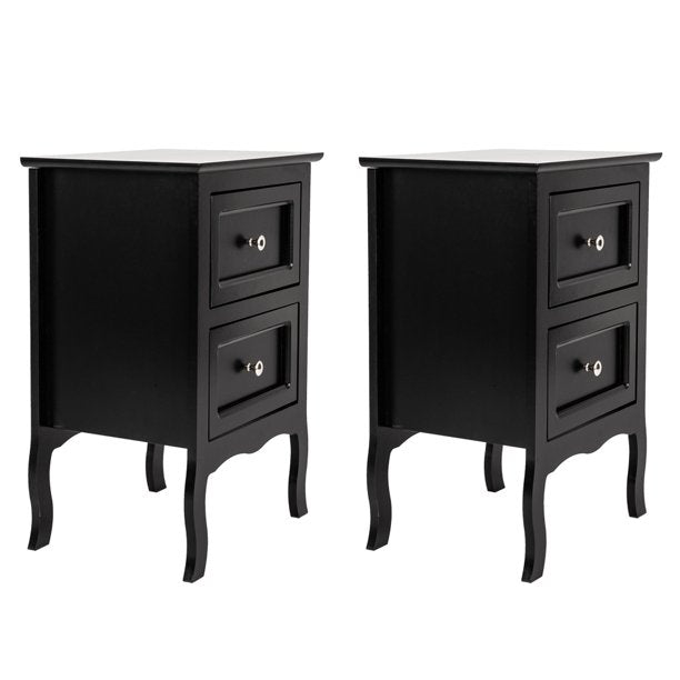 Set of 2 Nightstand Bedroom Bedside Table w/ Drawers Storage, Country Style w/ Metal Handle, Black