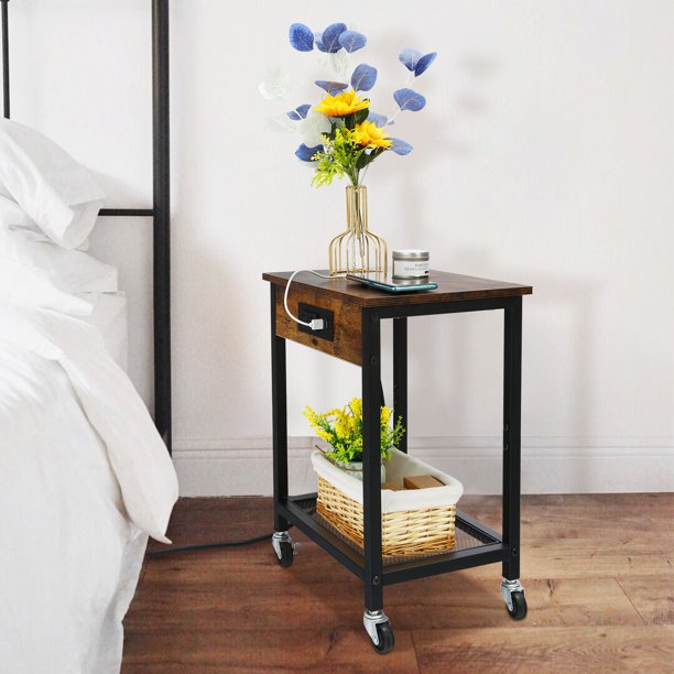 End Table w/ Charging Station & USB Ports w/ Wheels & Storage Shelf