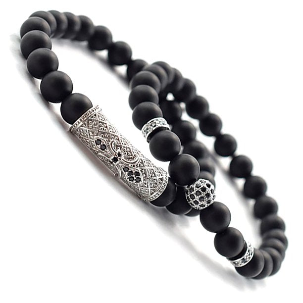 2 Pack Matte Beads Silver  Unisex Obsibian Bracelet