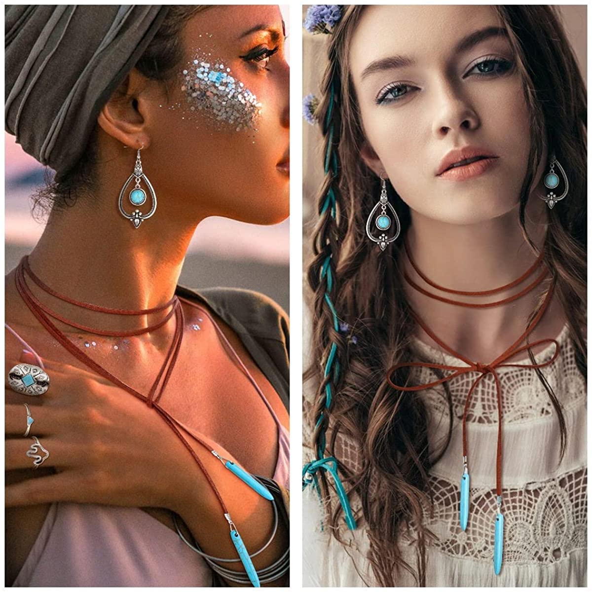 Bohemian Turquoise Pendant Suede Long Choker Necklace Vintage  Dangle Earrings Boho Cuff Bracelet with Stackable Knuckle Rings Set