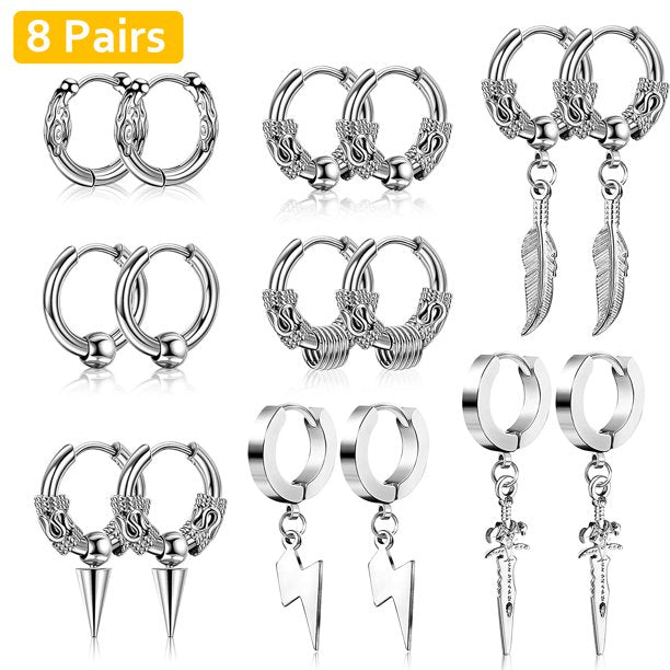 8Pairs Stainless Steel Huggie Hoop Earrings, TSV Punk Hip Hop Cool Earrings for Men Women Hypoallergenic