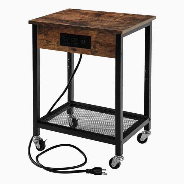 End Table w/ Charging Station & USB Ports w/ Wheels & Storage Shelf