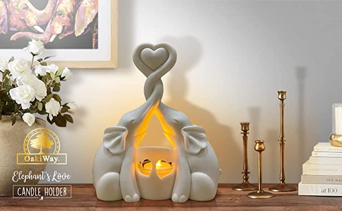 Anniversary & Valentines Day Gifts - Elephants Love Candle Holder Statue W/ Flickering LED