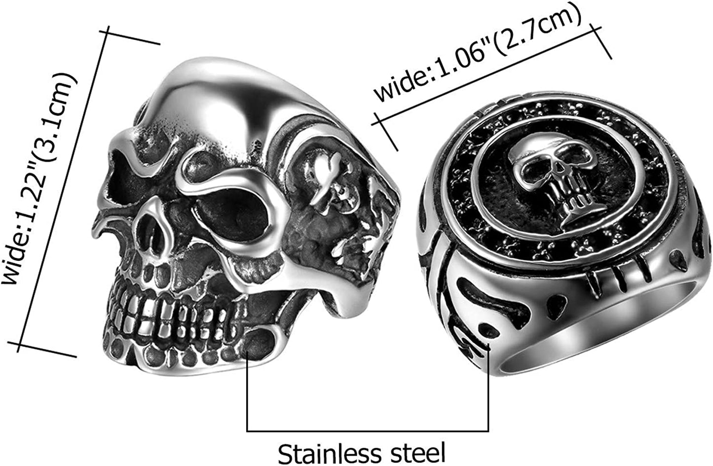 2Pcs Bikers Stainless Steel Gothic Skulls Ring,Black Silver, Size 8-15