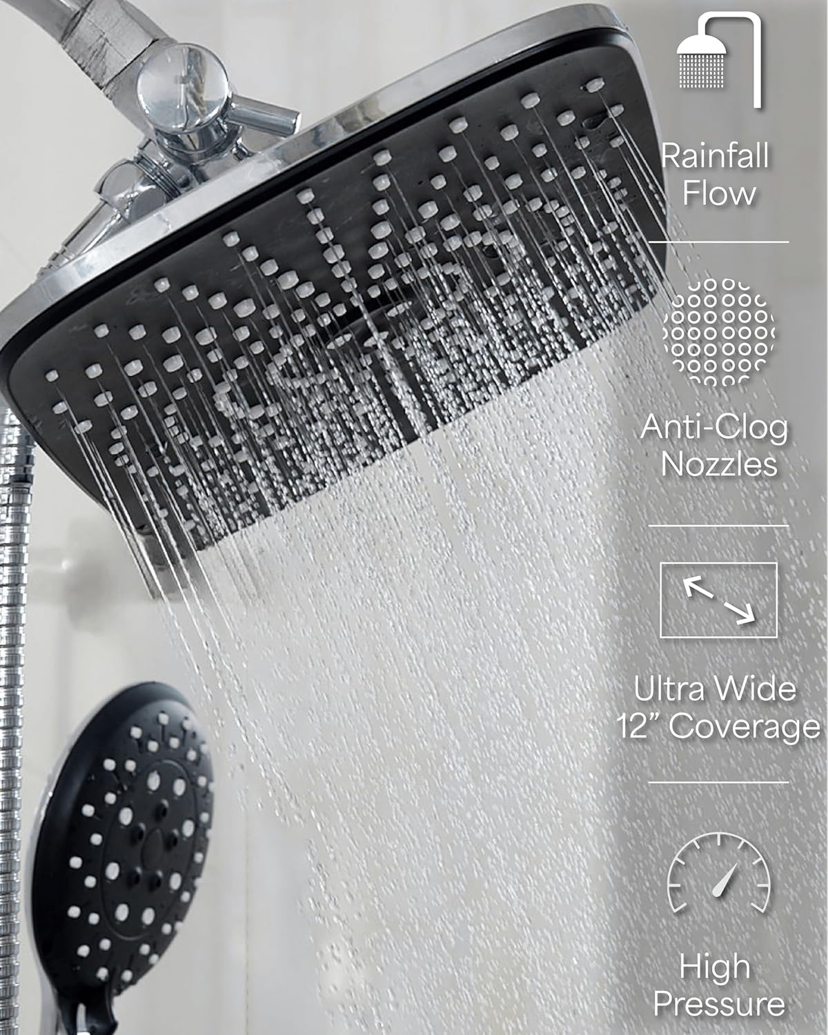 12 Inch High Pressure Rain Shower Head -Shower Heads with 5 Modes Handheld Spray Combo- Wide RainFall shower with 70" Hose & Bracket- Adjustable Dual Showerhead with Anti-Clog Nozzles - Chrome