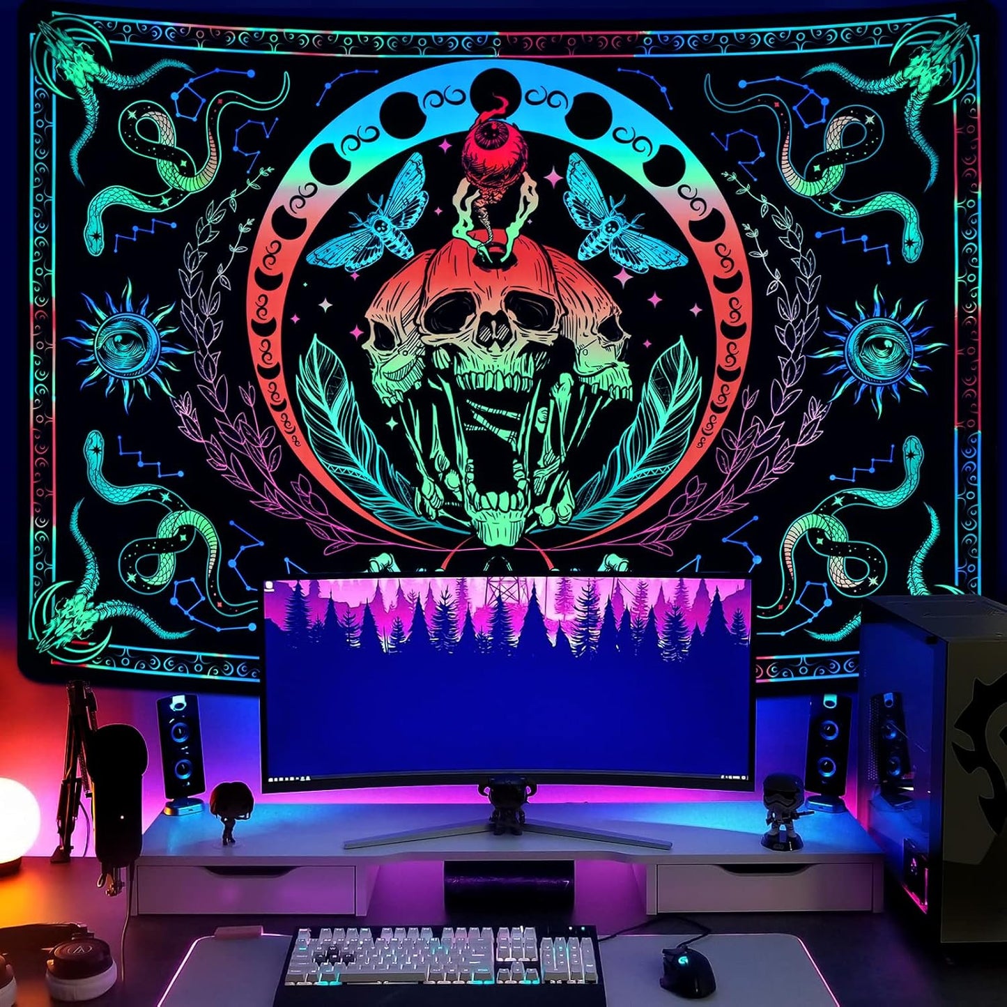 UV Reactive Blacklight Skull Tapestry with Snake, Moth, and Moon Phases - Glow-in-the-Dark Wall Hanging for Aesthetic Room Decor