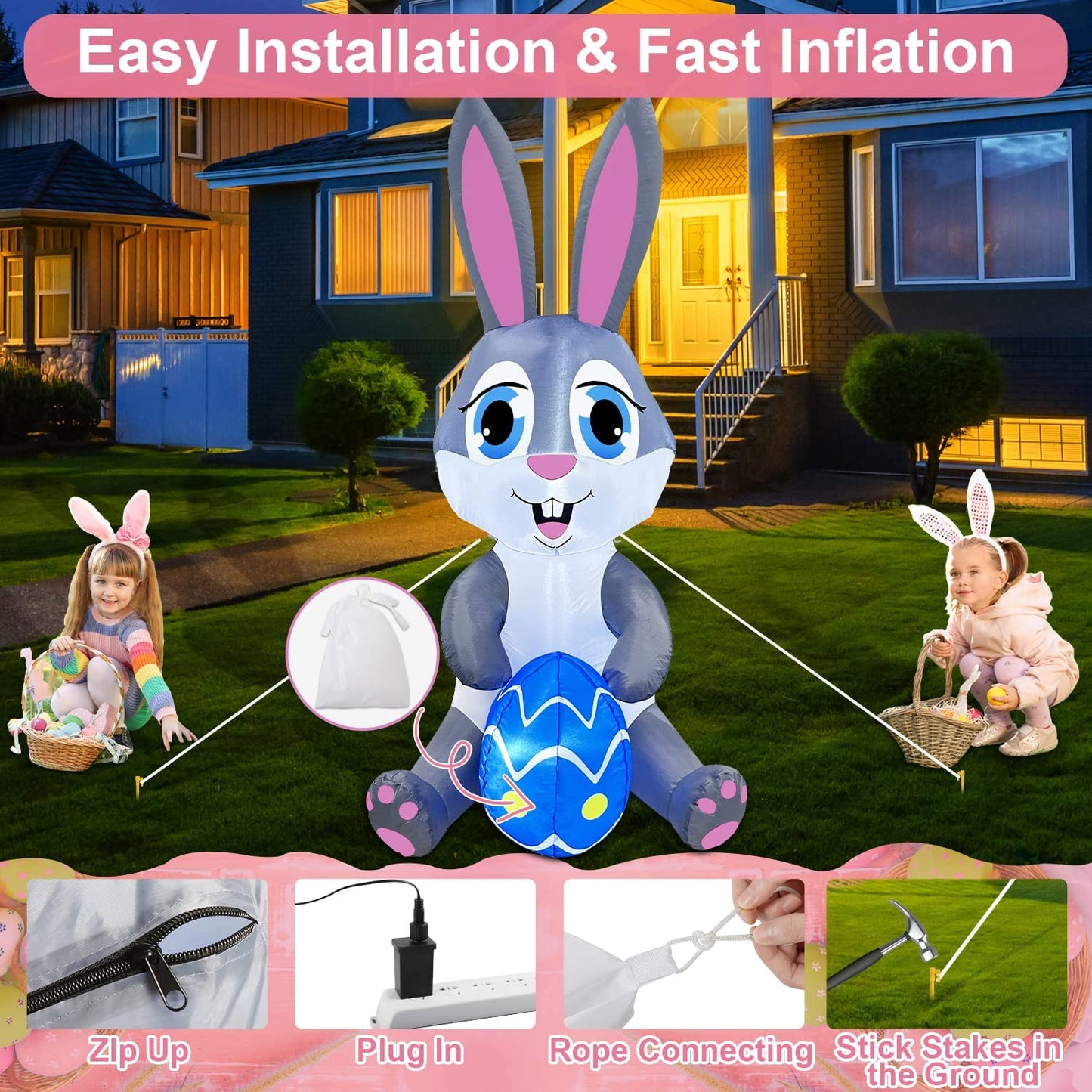 5FT Easter Inflatables Bunny Decorations with Bright Led Lights & Sandbags Stakes Strings