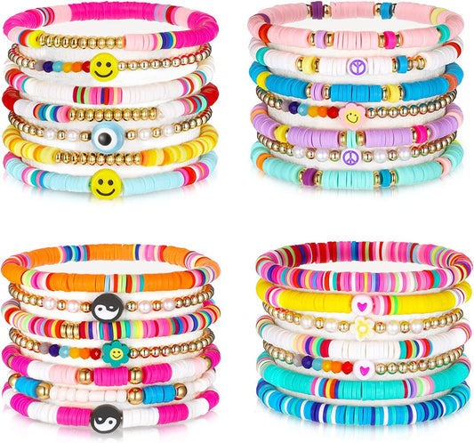 28 Pcs 4 Sets Cute Style Surfer Bracelets Colorful Preppy Smile Evil Eye Beaded