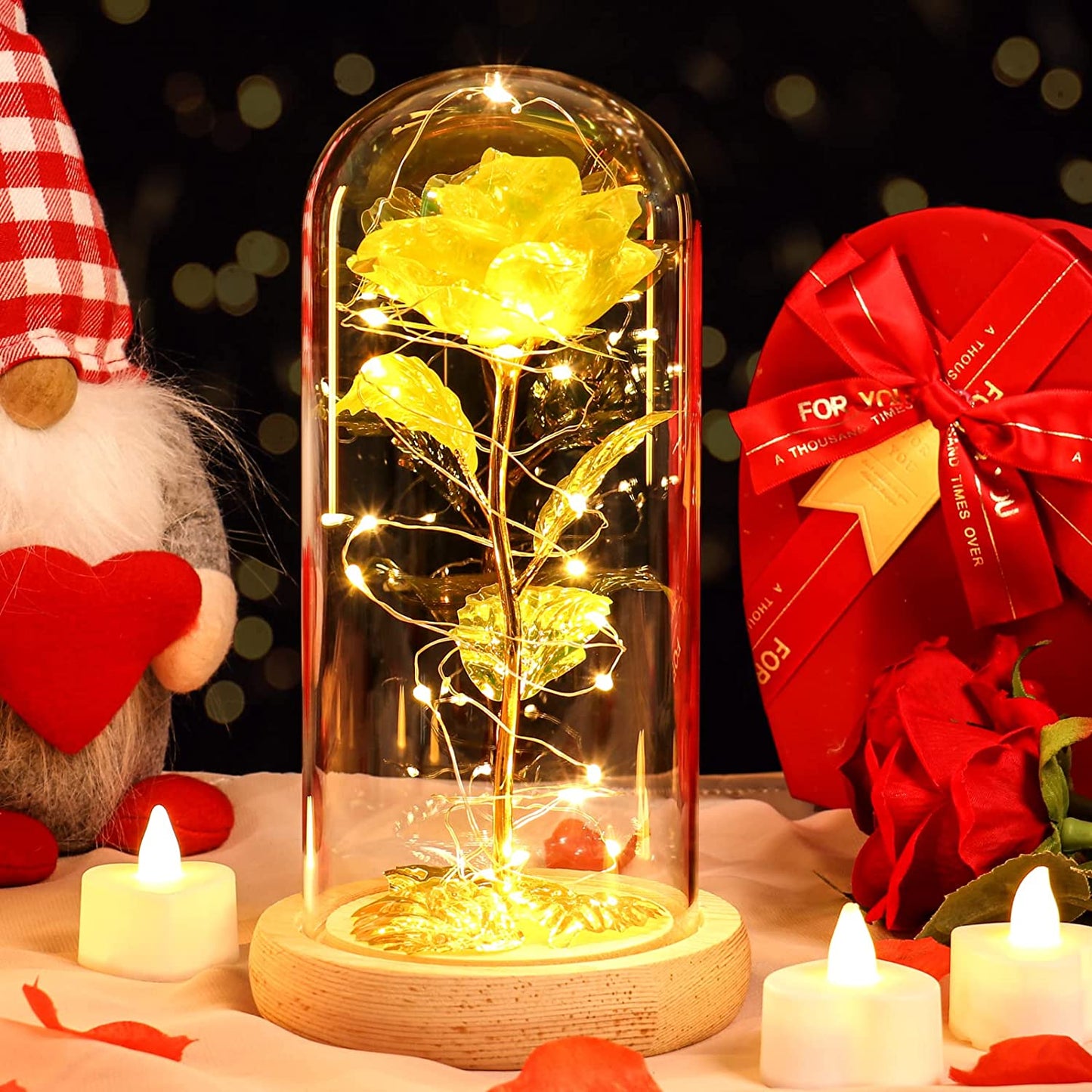 Valentines Day Gifts for Her Galaxy Rose Glass Crystal Flower Gift w/ Light, Gold Yellow