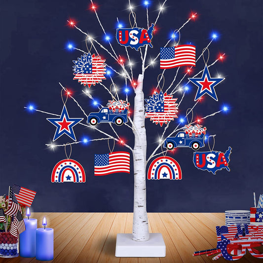 4th of July  Decoration Tree Light w/ 12 Patriotic Wooden Signs, [TIMER, USB/Battery Operated]