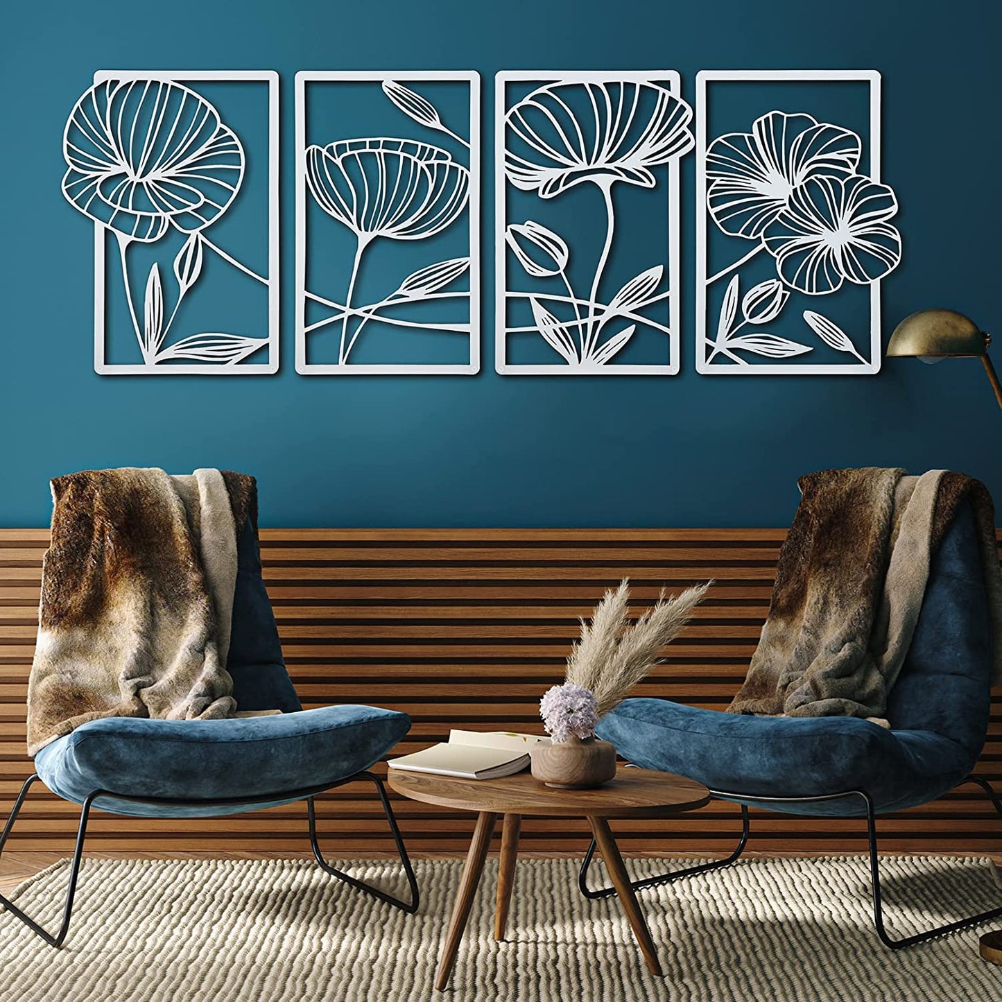 4 Pcs Metal Wall Decoration Line Art Minimalist 16.5 x 11.9 Inch (White)