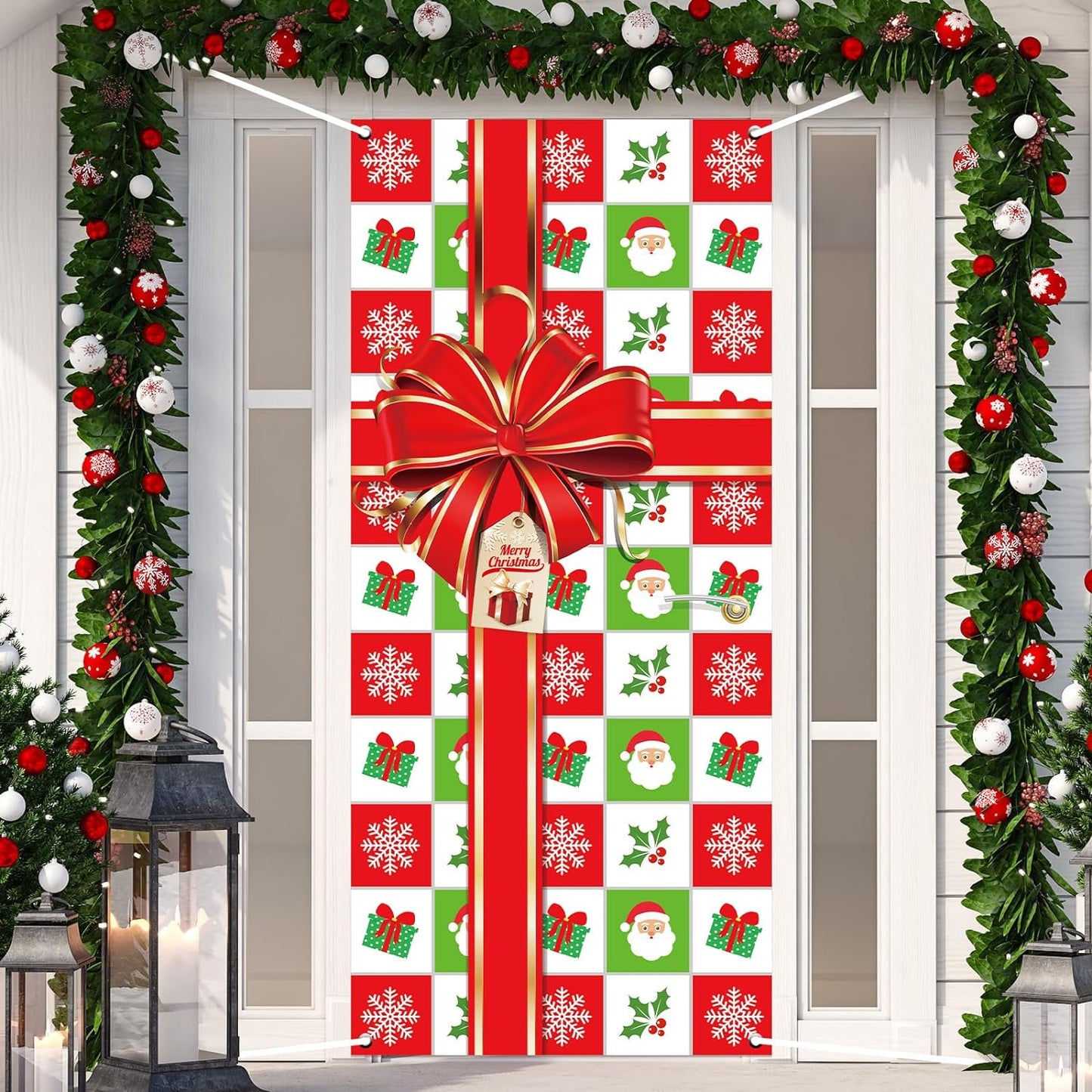 Christmas Door Cover Merry Christmas Photography Backdrop Christmas Bowknot Gift Box Door Hanging Banner Sign Happy Holiday Decoration for Home Wall