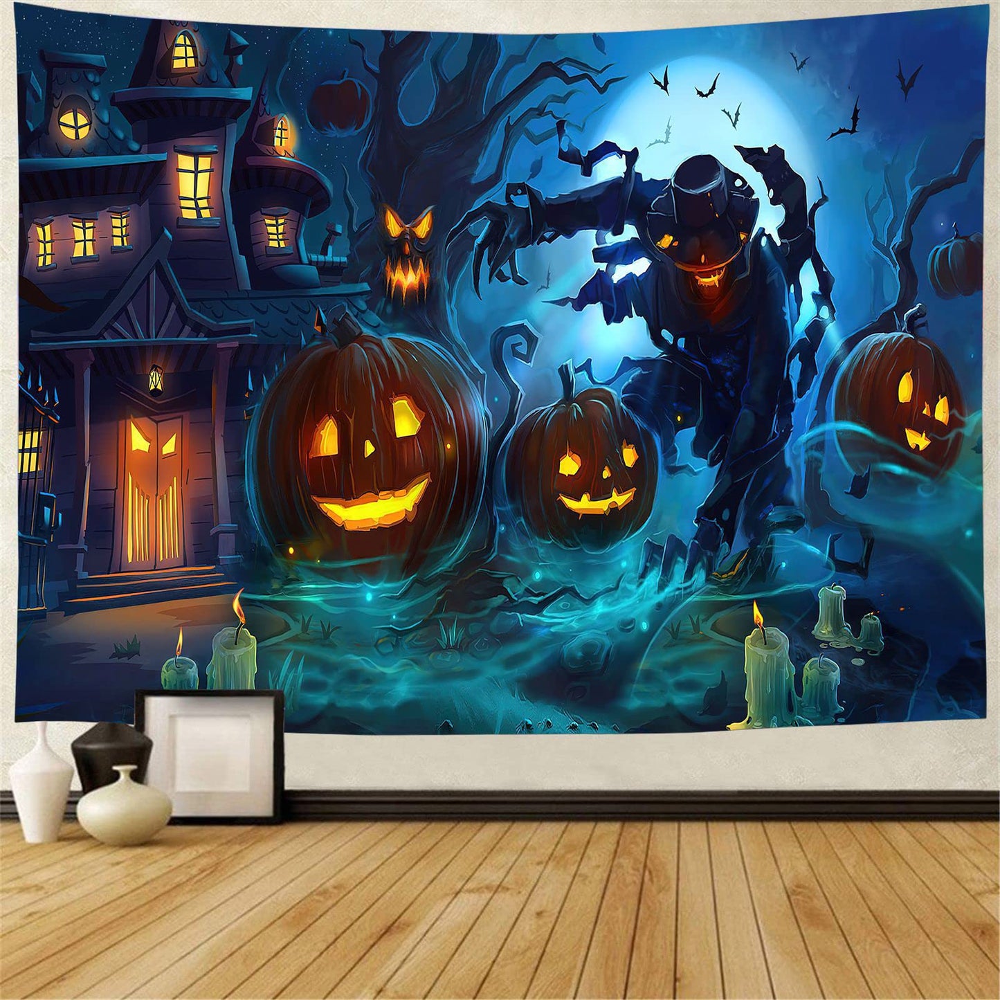 Halloween Blacklight Wall Tapestry Haunted Woods with Grave and Pumpkins, UV Reactive Wall Blanket