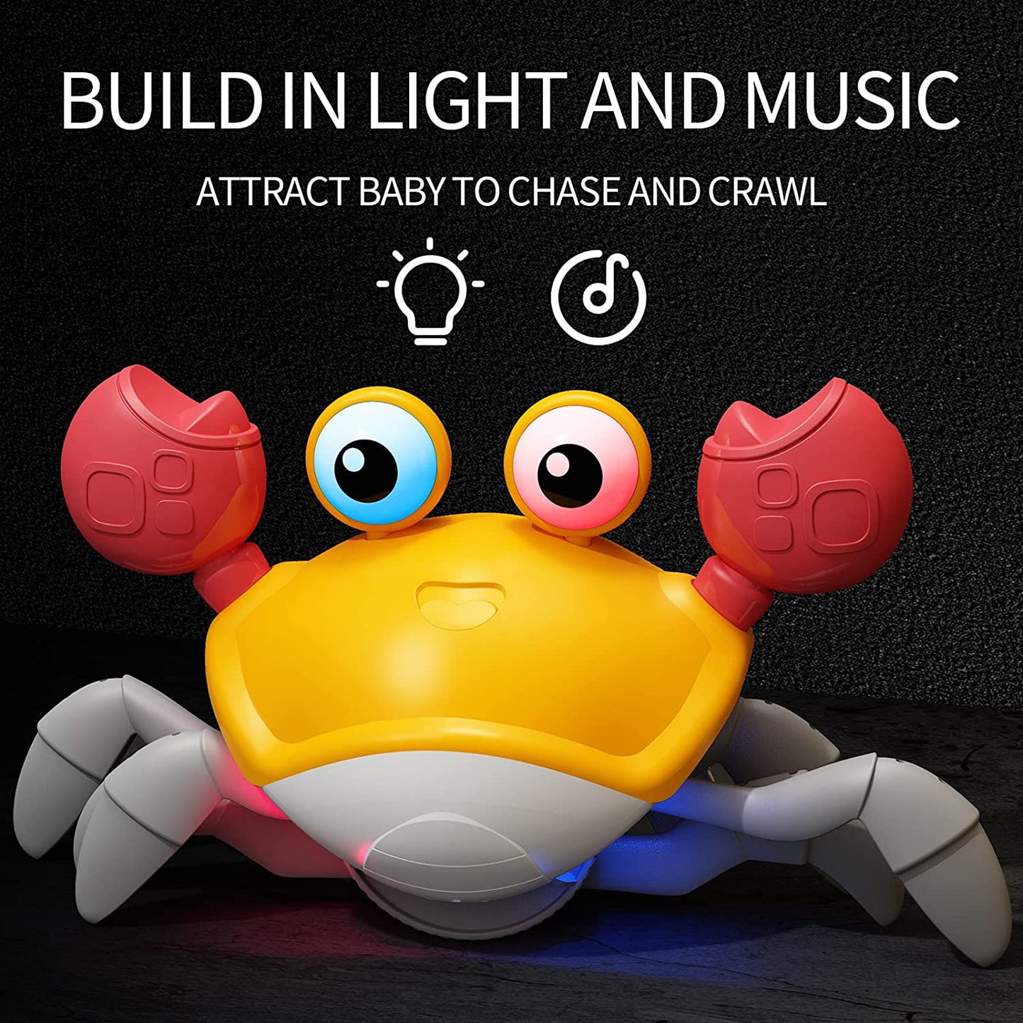 Yellow Crawling Crab Toys w/ Light Up, Interactive Musical w/ Automatically Avoid Obstacles, USB Rechargeable