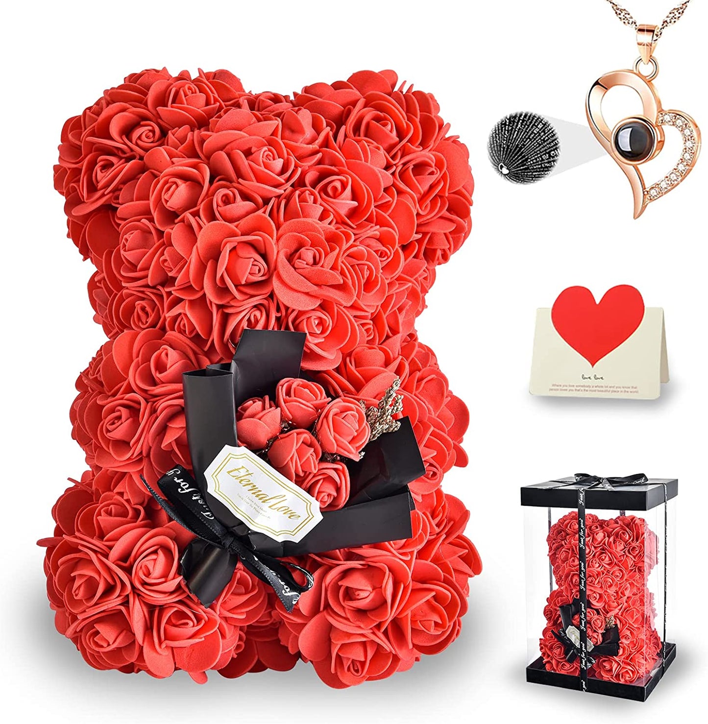 Red Rose Bear Valentines Day Gifts for Her w/  Box & I Love You Necklace