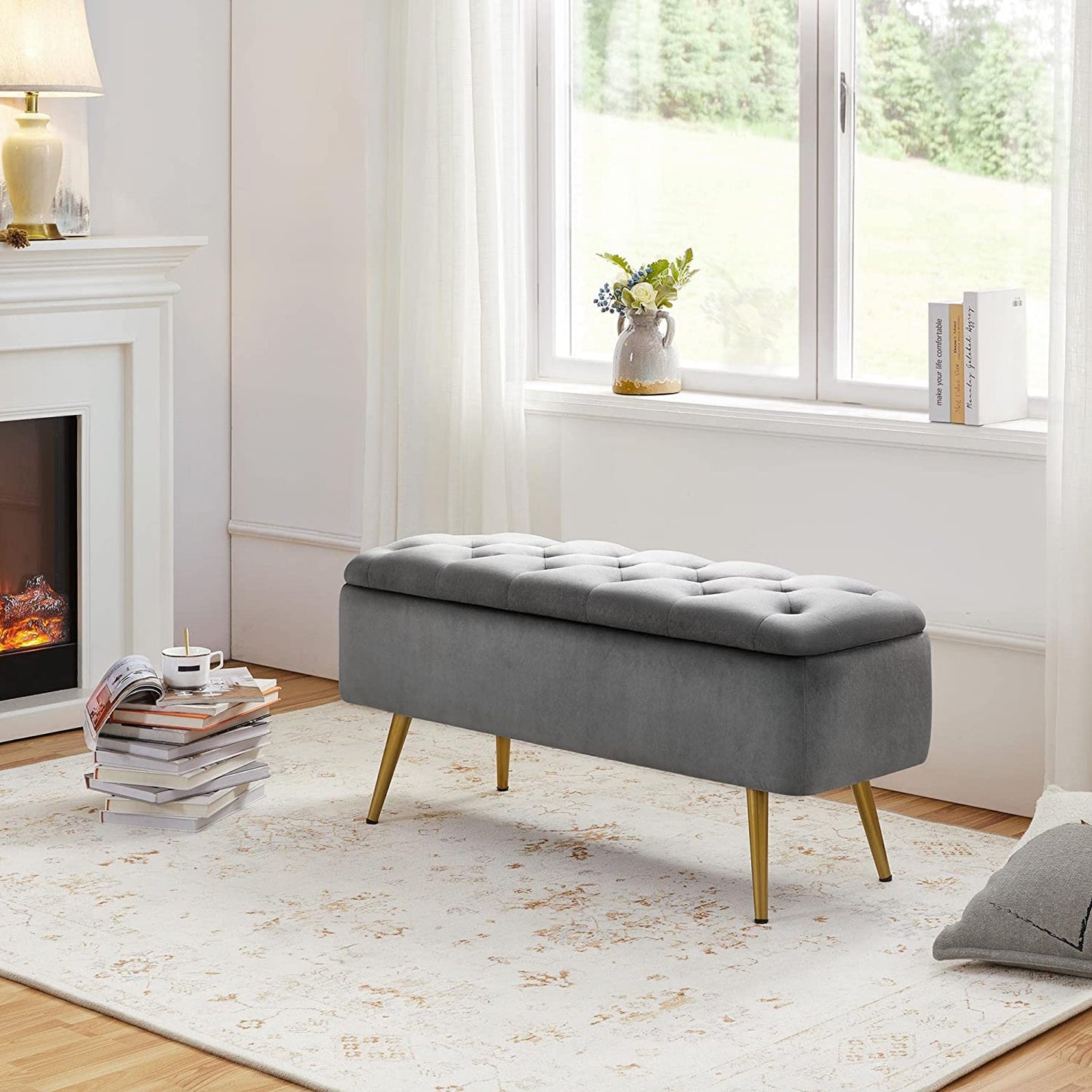 Folding  Storage Ottoman Bench 42.7 Inches -Gray