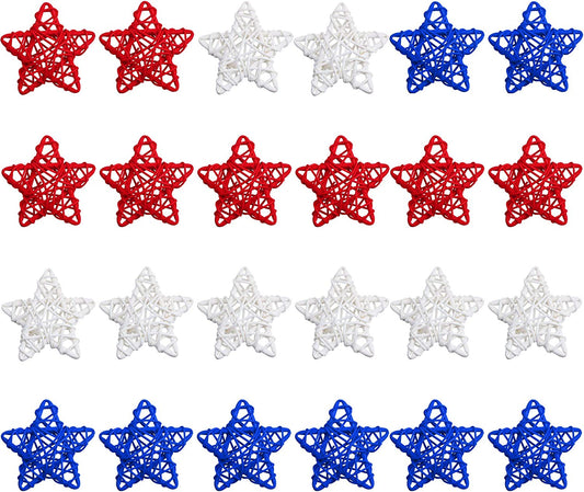 24 Pcs 4th of July Star Shaped Rattan Balls Decoration, 2.36 Inch Red White &Blue