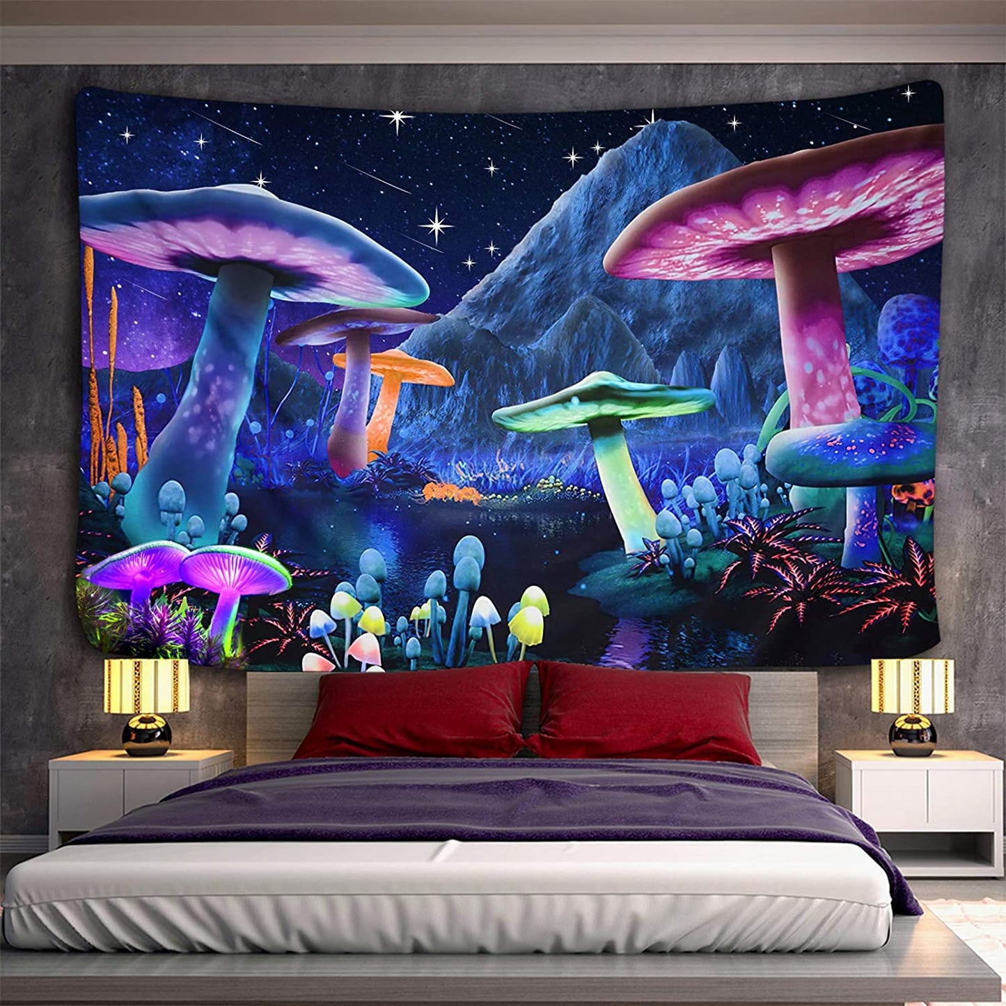 Psychedelic Mushroom Starry Sky Trippy Fantasy Plant Tapestry