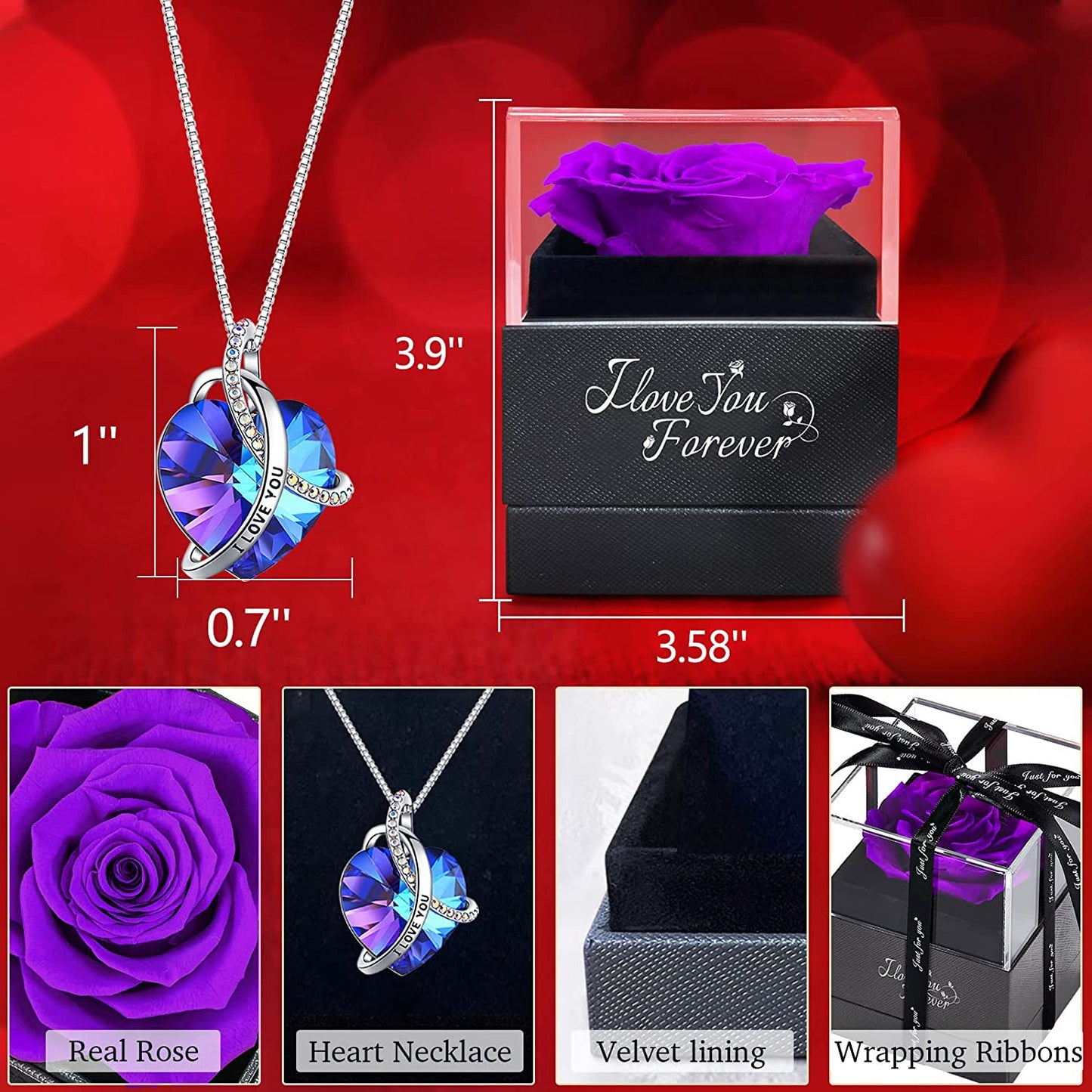 Preserved Real Purple Rose w/ Heart I Love You Necklace -Eternal Flowers Rose Gifts