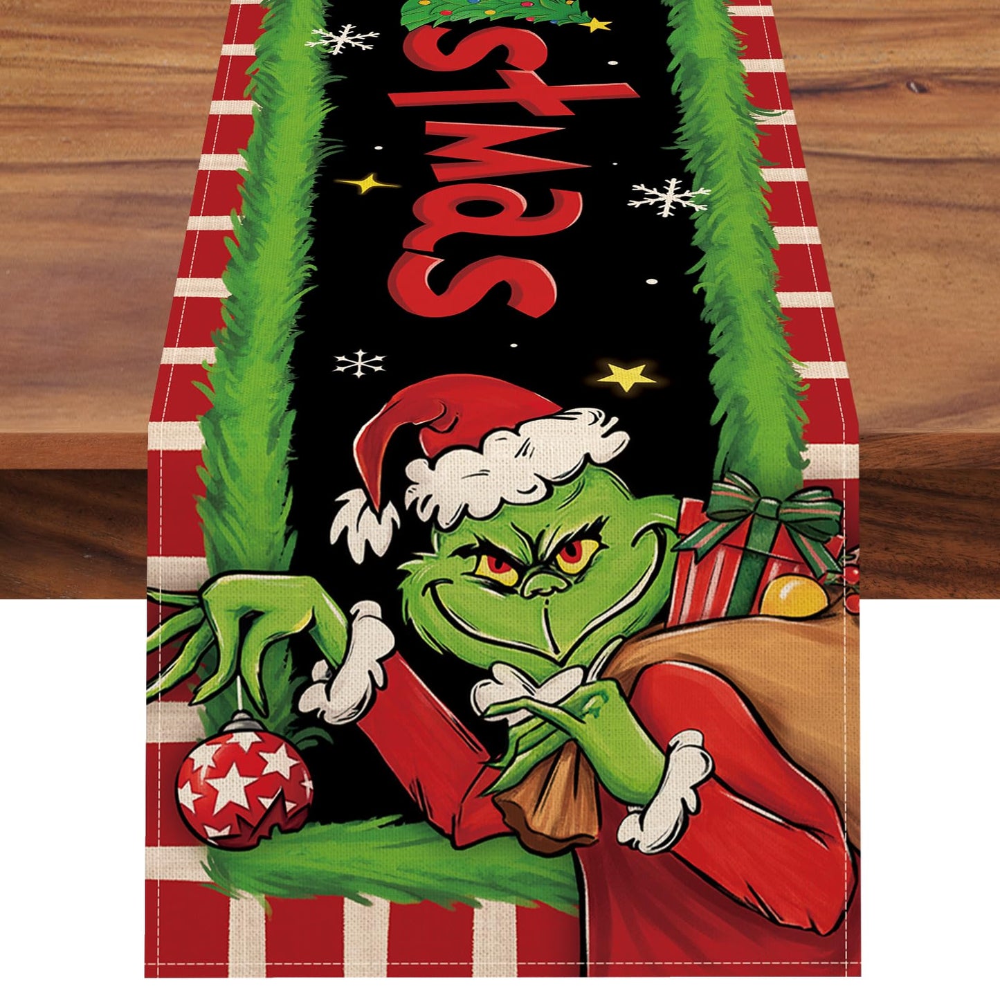 Table Runner, Xmas Tree Gifts Red White Stripes Green Kitchen Dining Table Decor, Funny Holiday