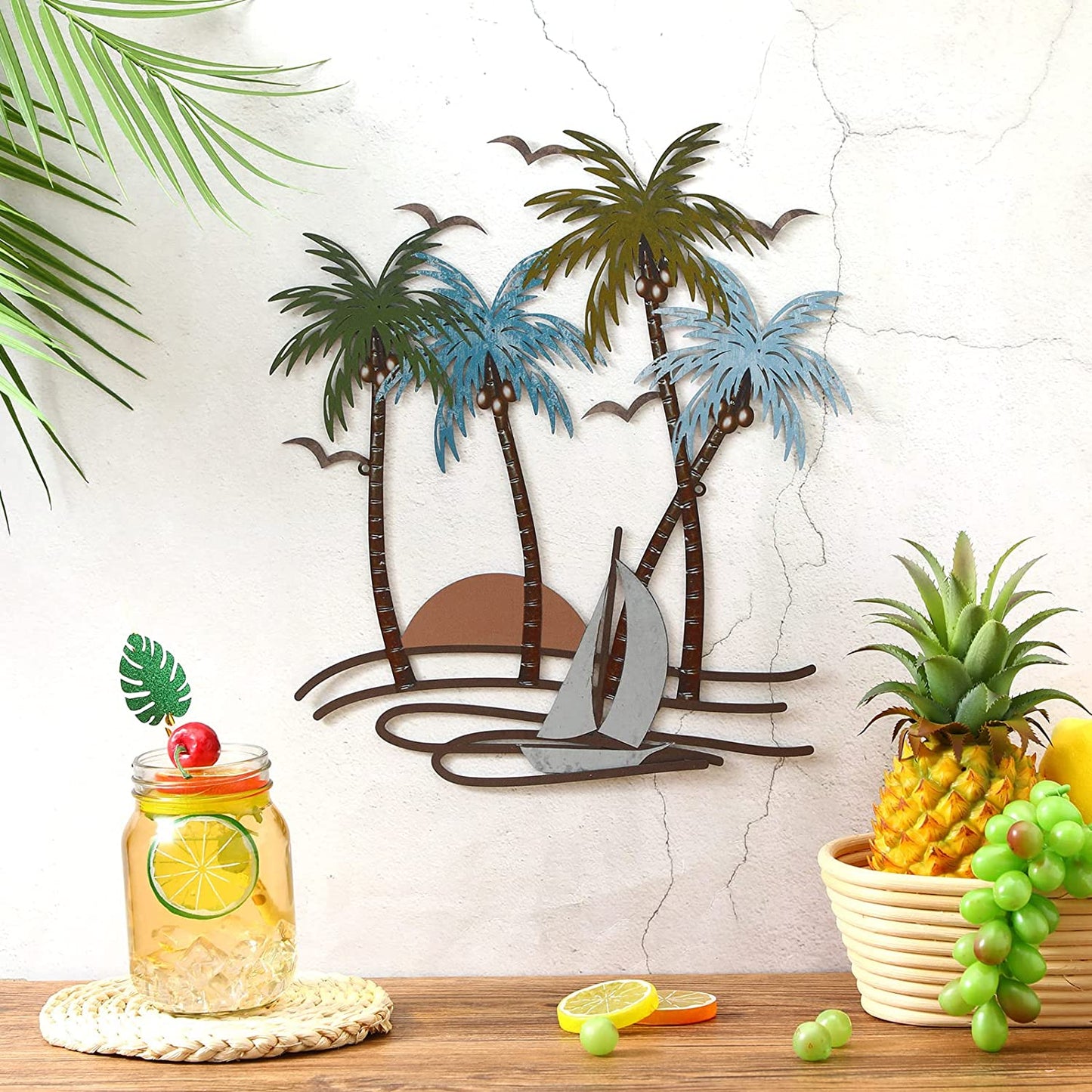 Palm Tree  Tropical Beach Metal Wall Decoration (Sailboat)