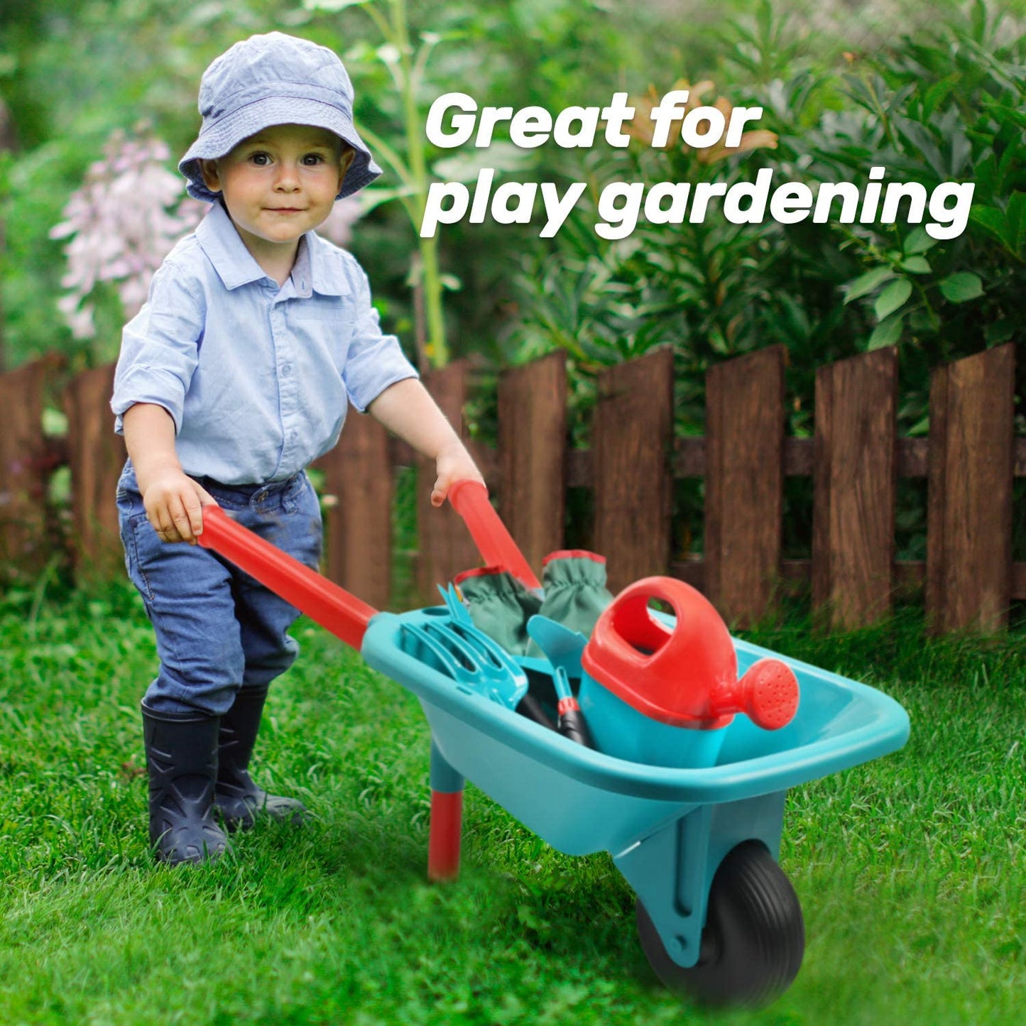 11pcs Kids Gardening Tool Set w/ Wheelbarrow, Watering Can, Gardening Gloves, Hand Rake, Shovel, Trowel, Double Hoe, Apron w/ Pockets