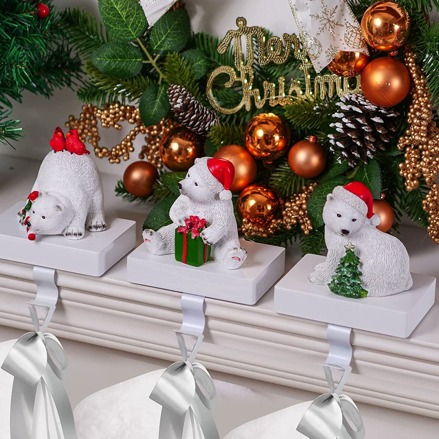 3 Large White Polar Bear Christmas Stocking Holders