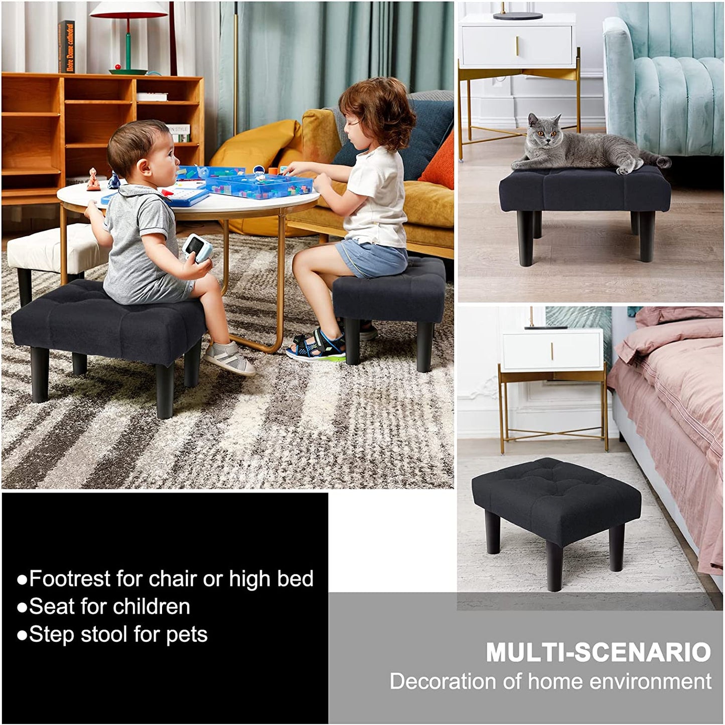 Small Footstool Ottoman,Velvet Soft  w/ Wood Legs,Sofa Footrest Extra Seating for Living Room (Black 1PACK)