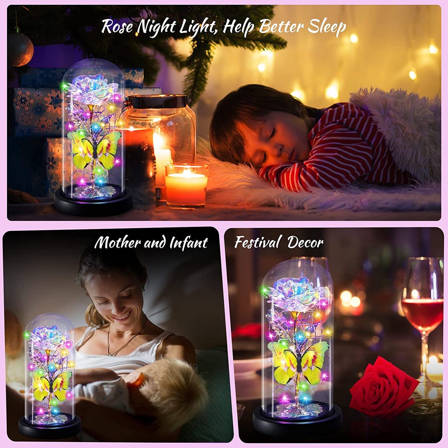 Valentines Day Gifts I Love You Mom Galaxy Roses in Glass Dome, Enchanted Eternal, Colorful