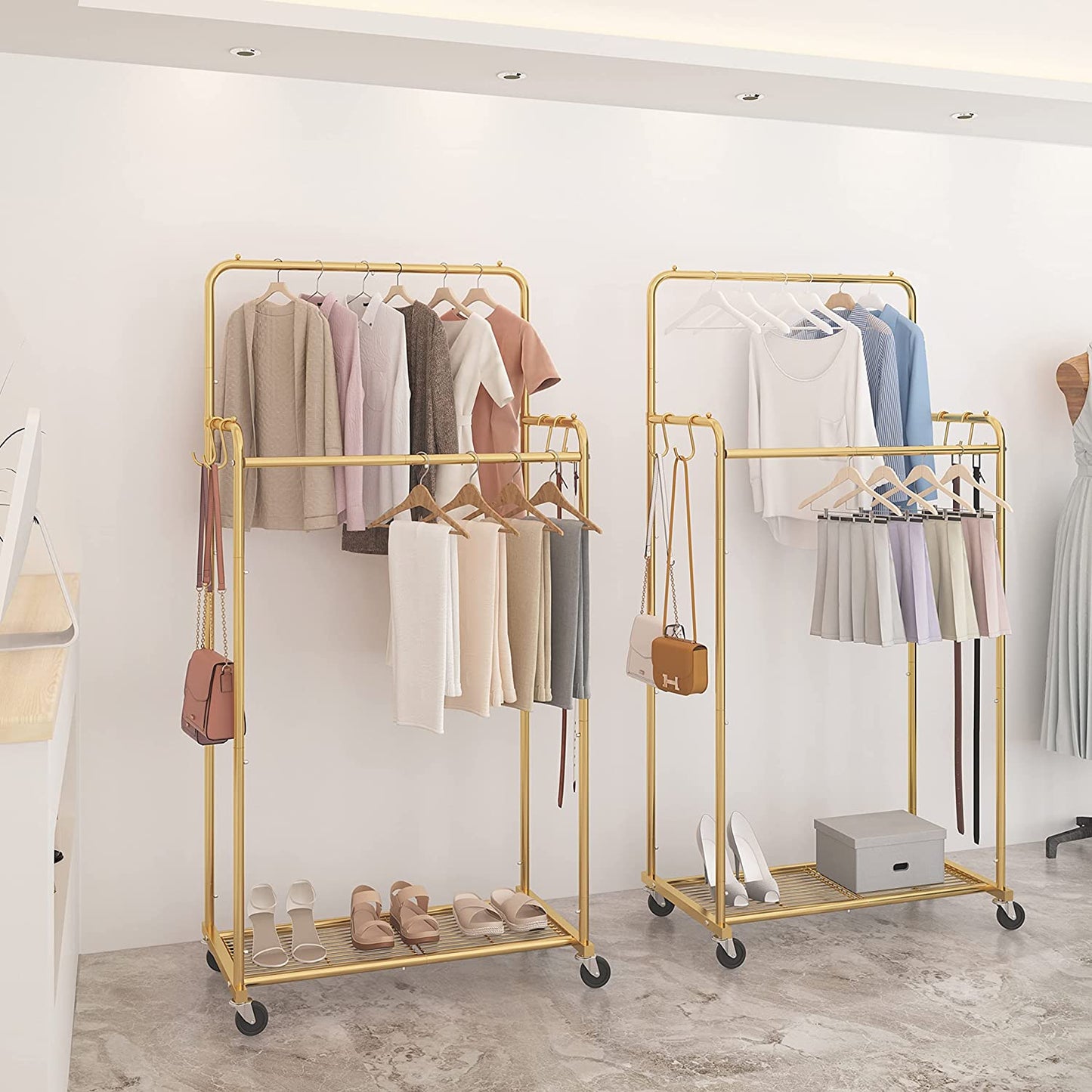 Double Rod Rolling Clothes Garment Rack, Heavy Duty for Hanging Clothes w/ 4 Hooks, Gold