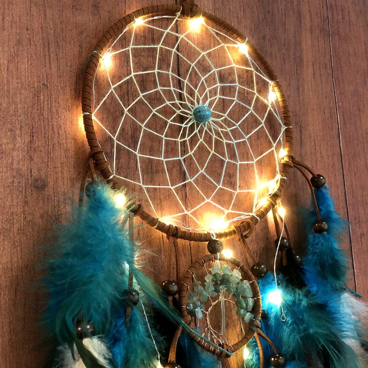 Dream Catcher Mobile LED Fairy Lights Handmade Traditional Circular Net for Wall Hanging Décor