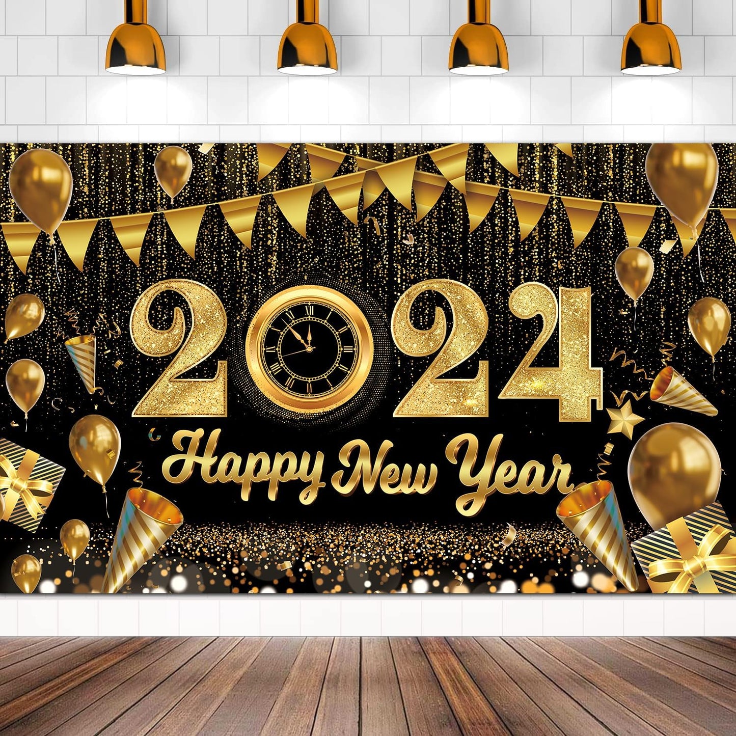 Large 71" X 43" Happy New Year Backdrop 2024, Black Gold Happy New Year Banner 2024, New Years Eve Backdrop 2024 for New Year Decorations 2024, New Years Eve Party Backdrop tineit