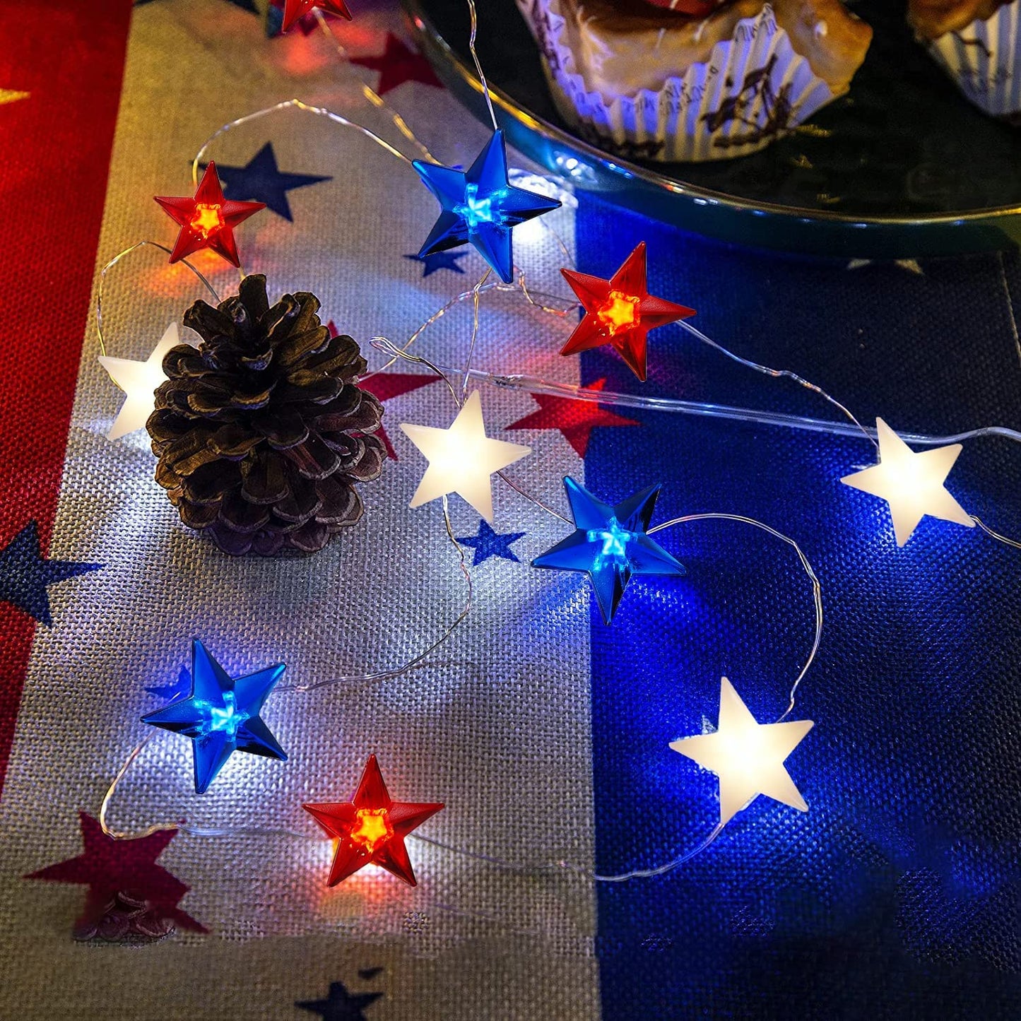 4th of July Decorations Red White and Blue Lights Battery Operated String Lights 16FT 50 LED