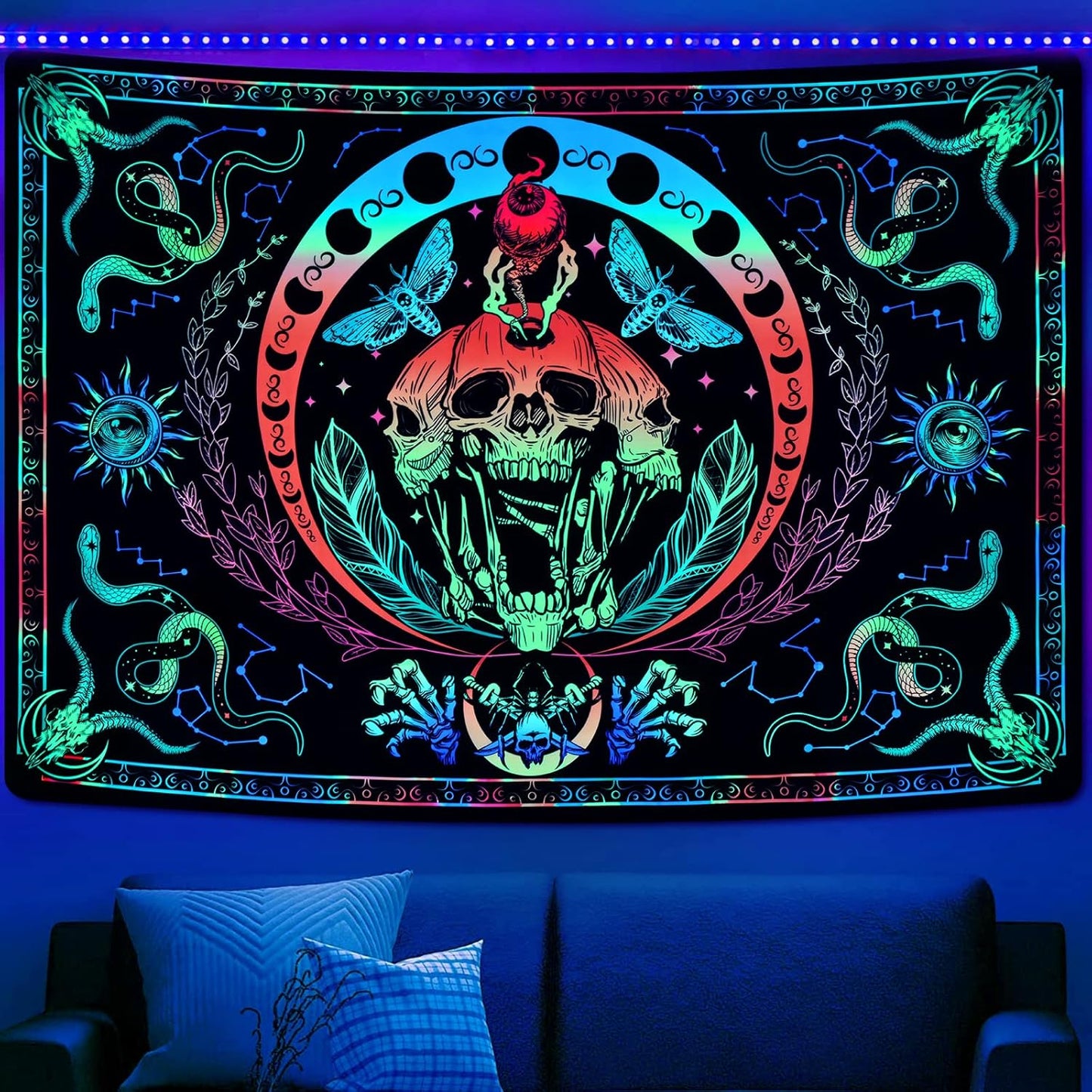 UV Reactive Blacklight Skull Tapestry with Snake, Moth, and Moon Phases - Glow-in-the-Dark Wall Hanging for Aesthetic Room Decor