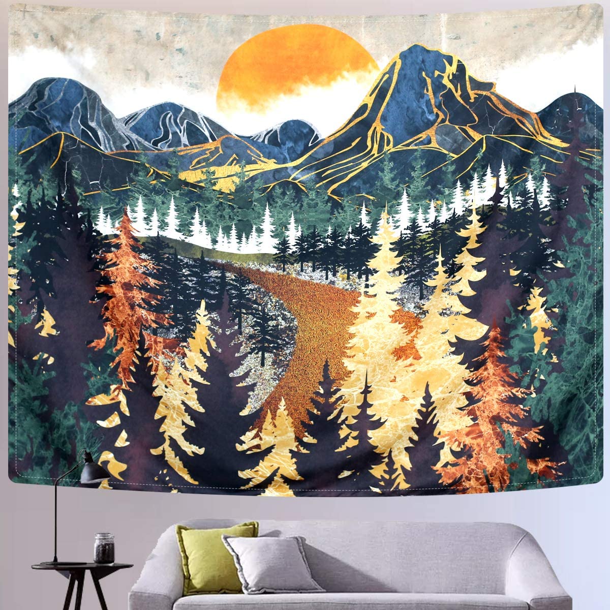 Mountain Tapestry Wall Hanging Forest Trees Art Sunset Tapestry Road in Nature Landscape Home Decor for Room (51.2 x 59.1 inches)