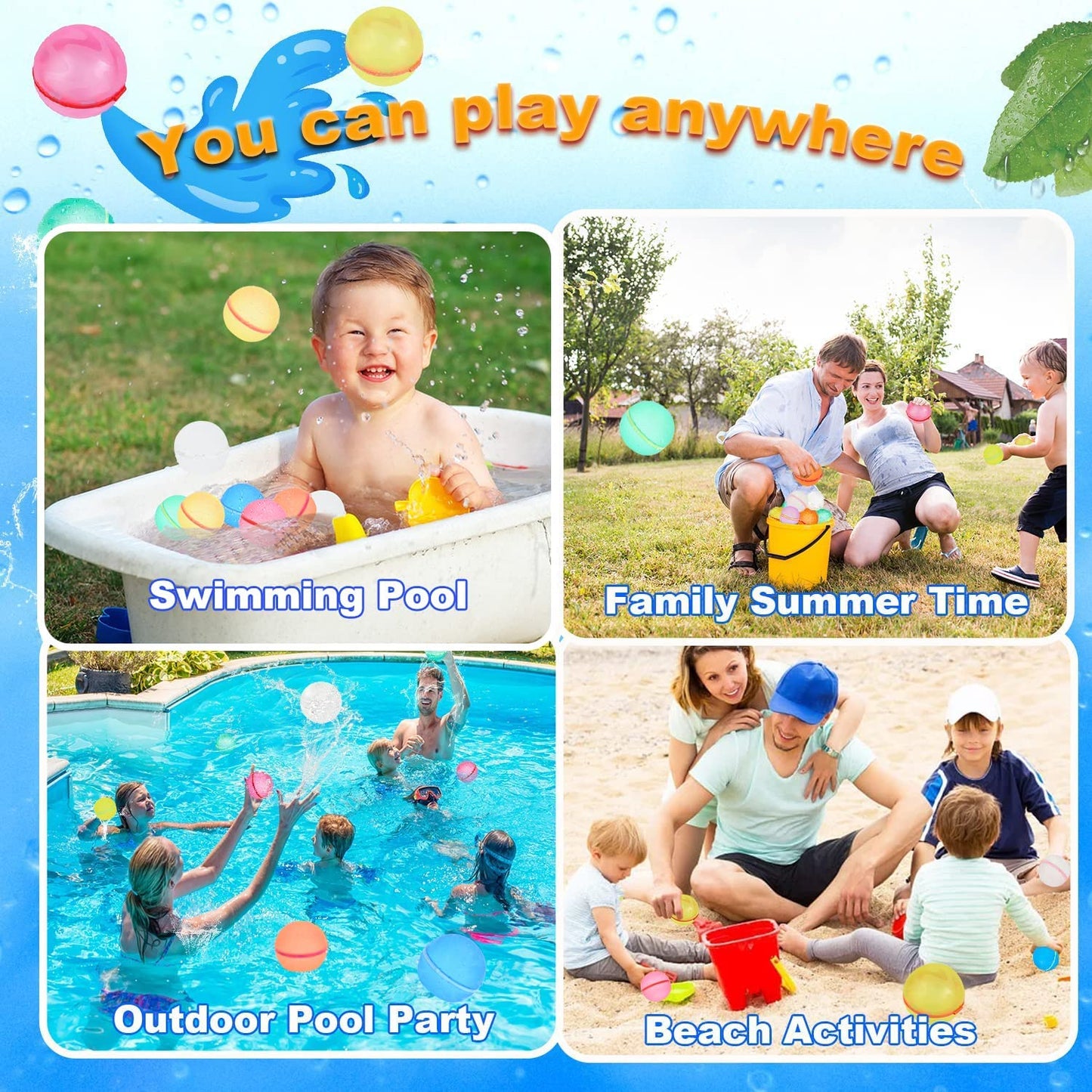 Reusable Water Balloons Self Sealing Easy Quick Fill, Silicone Water Balls Summer Fun Outdoor Toys (6 PCS)