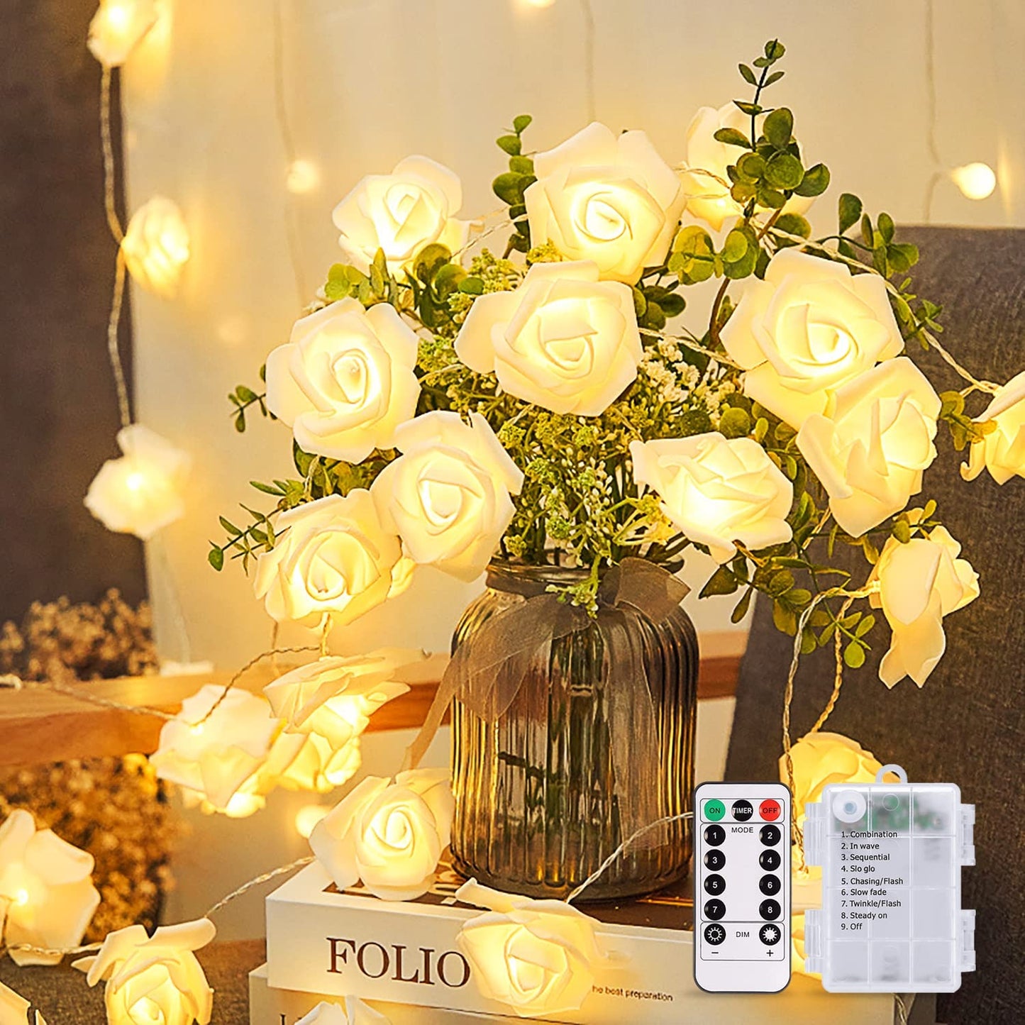 Valentines Day Rose Lights, 16.4ft 30 LED Flower String Lights with 8 Modes, Warm White