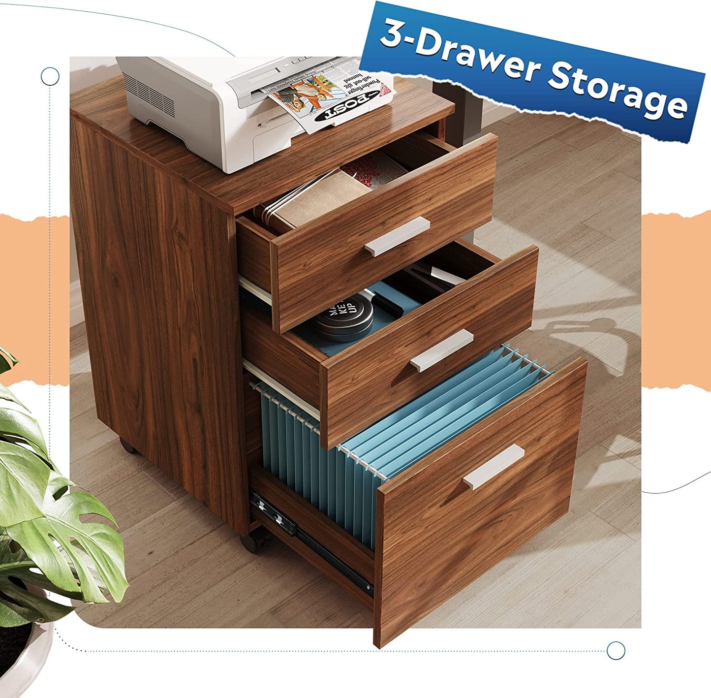 3 Drawer Wood Mobile File Cabinet, Rolling for Letter/A4 Size, Walnut