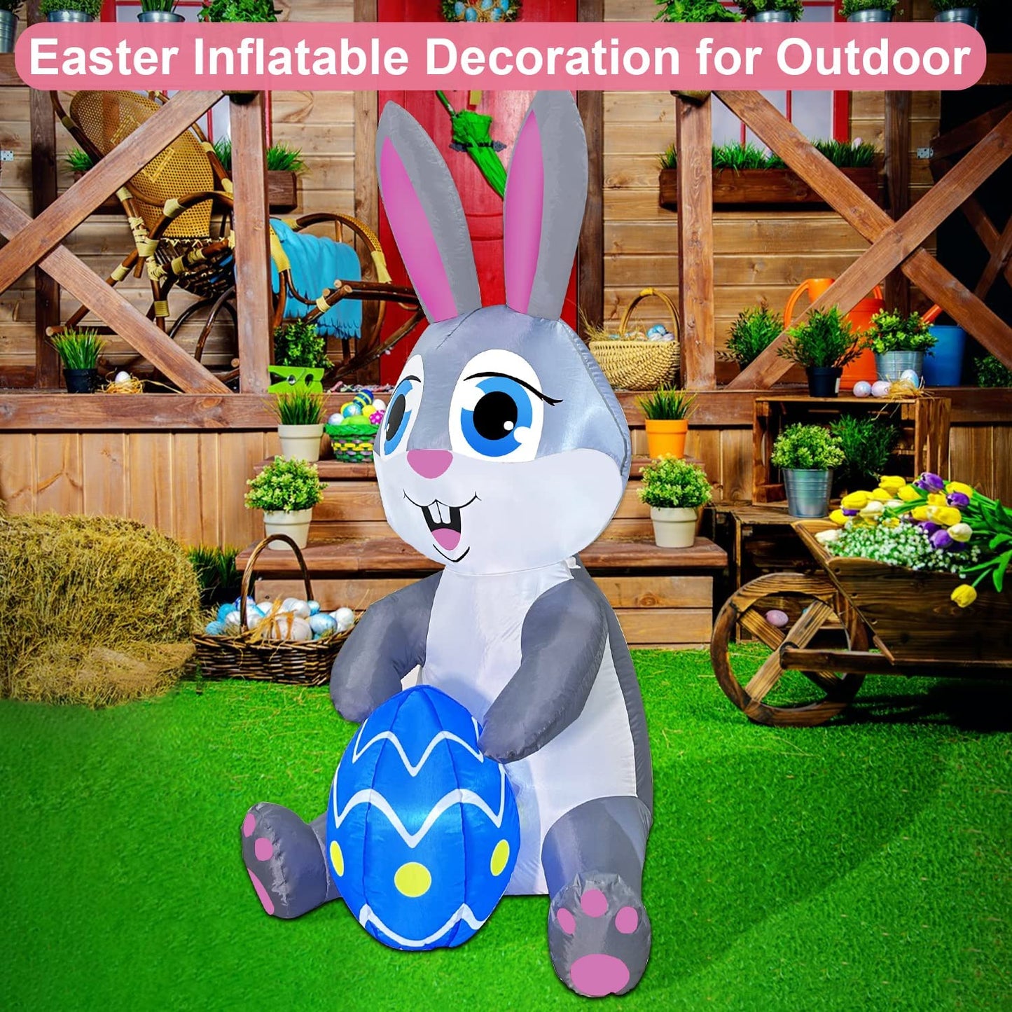 5FT Easter Inflatables Bunny Decorations with Bright Led Lights & Sandbags Stakes Strings