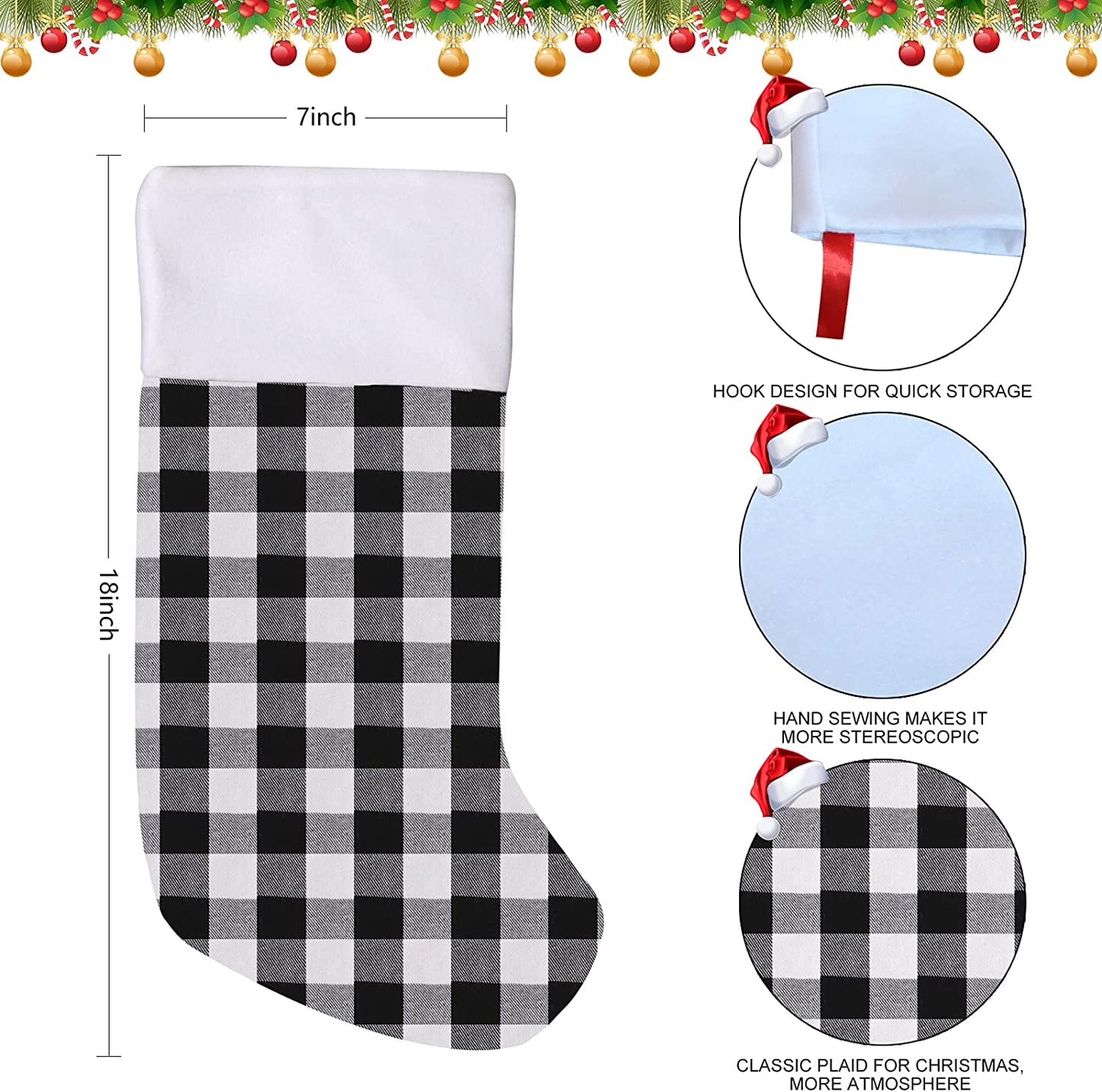 6 Pack 18 Inch Buffalo Plaid Christmas Stockings White Plush Trim Classic Personalized Large Stocking Decorations