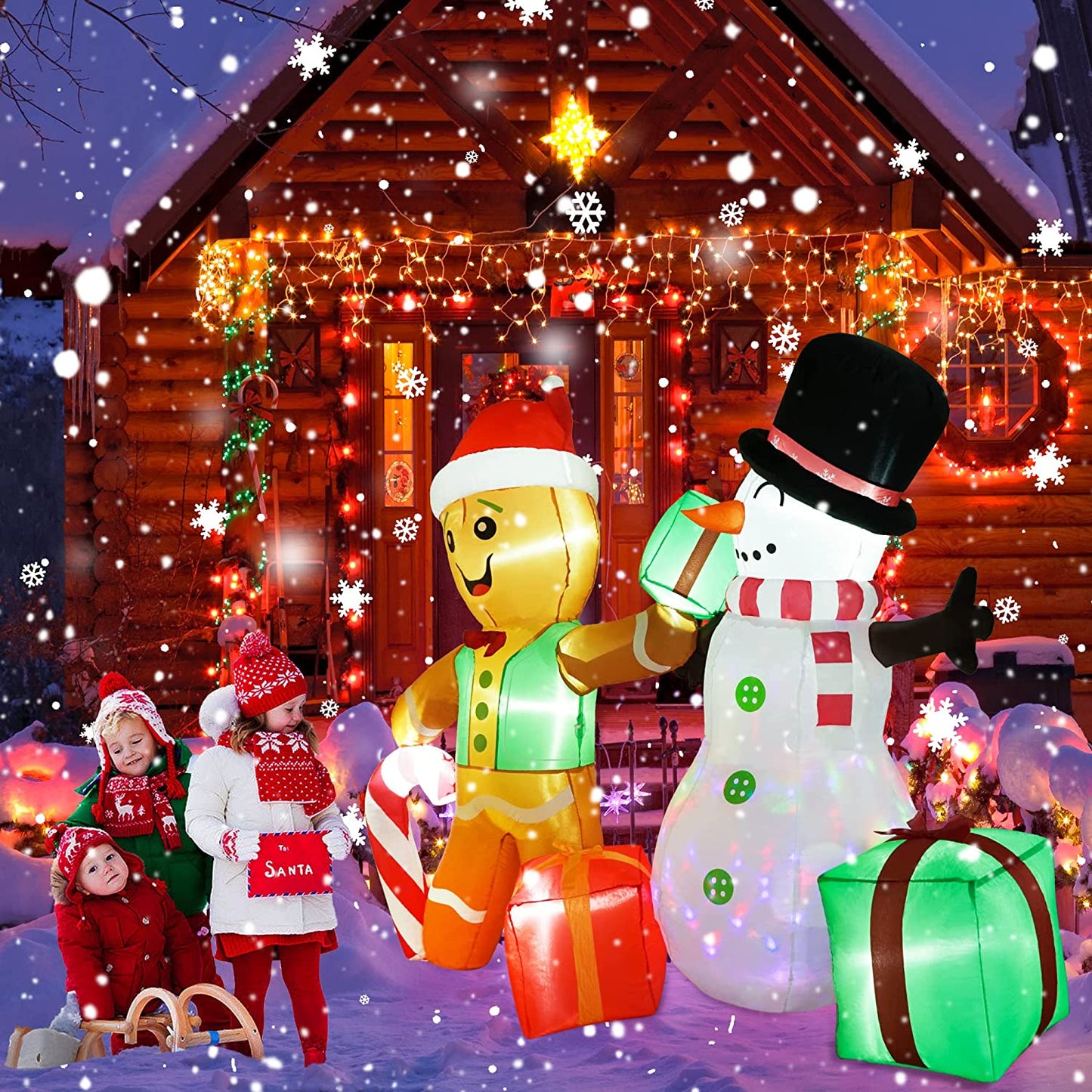 6 FT Christmas Inflatables Gingerbread Man & Snowman w/ LEDs