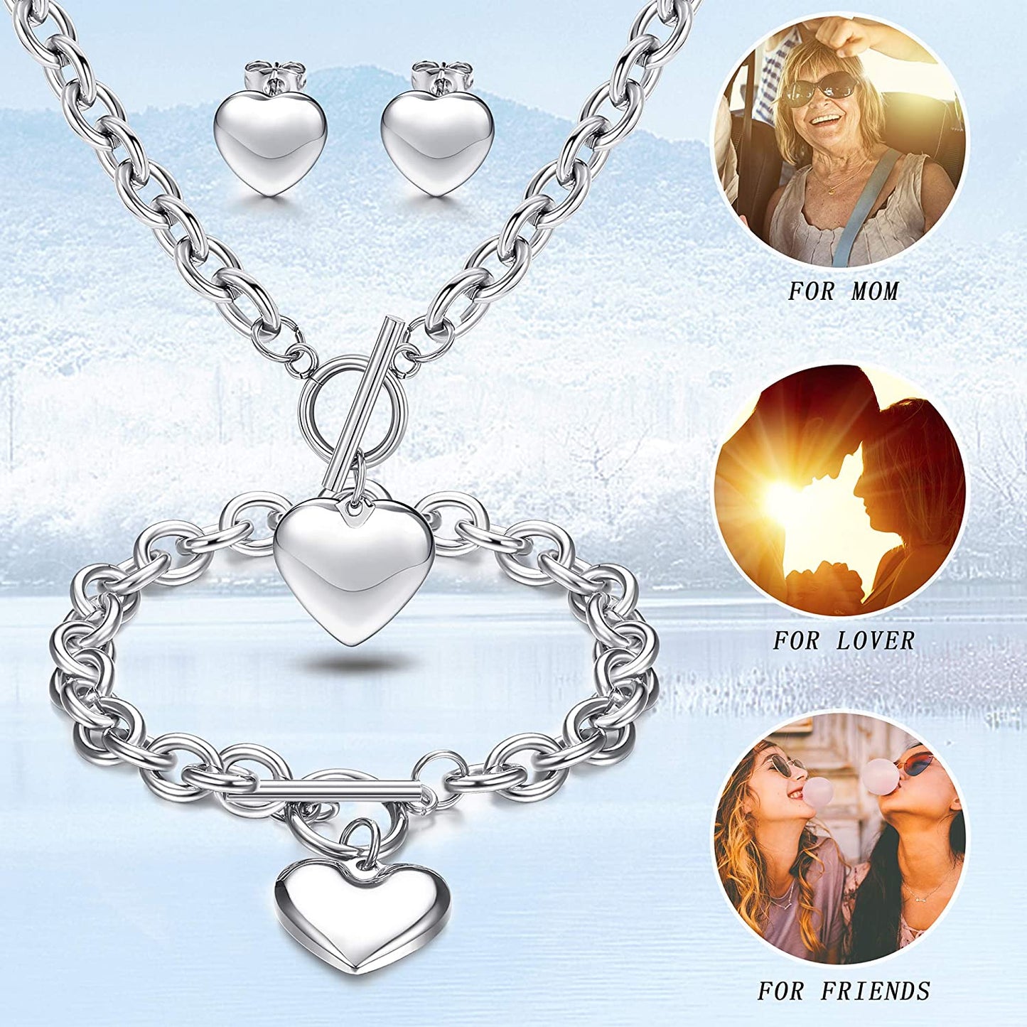 3Sets Heart Pendant Necklace Toggle Chain Bracelet Stud Earrings Stainless Steel, Silver Tone