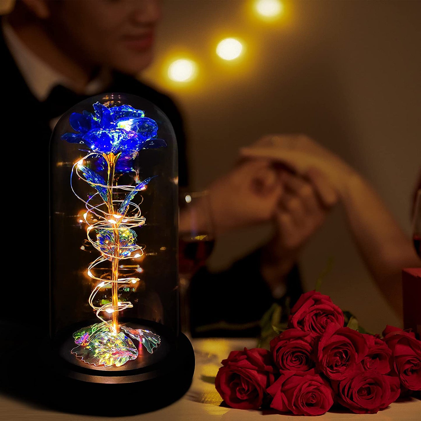 Valentines Day Rose Gift, Blue Colorful Artificial Flower, Light Up Rose Flower in Glass Dome