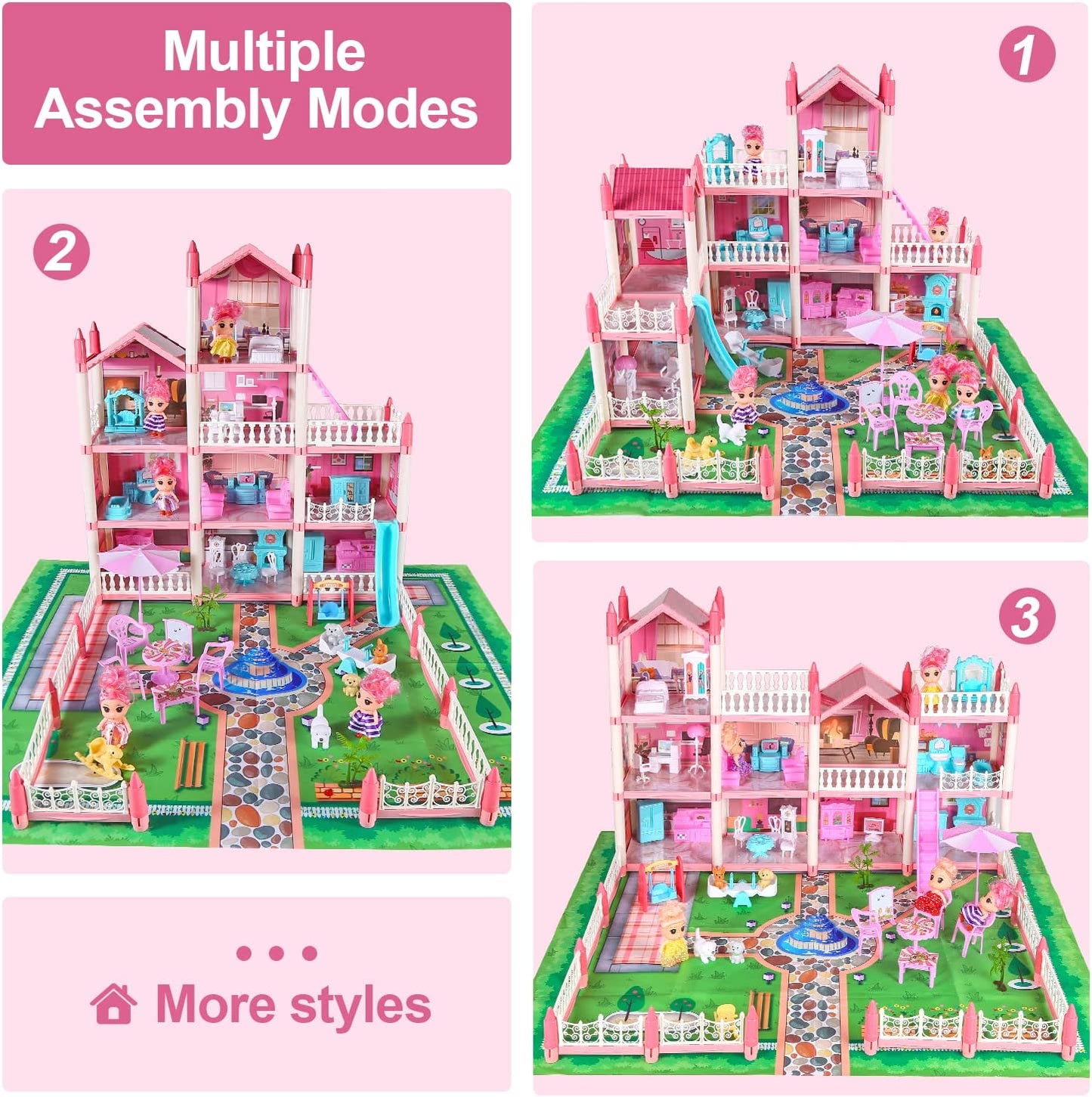 Dollhouse Dream House with 6 Dolls, Pink Doll House Playset Toy with Accessories and Furnitures